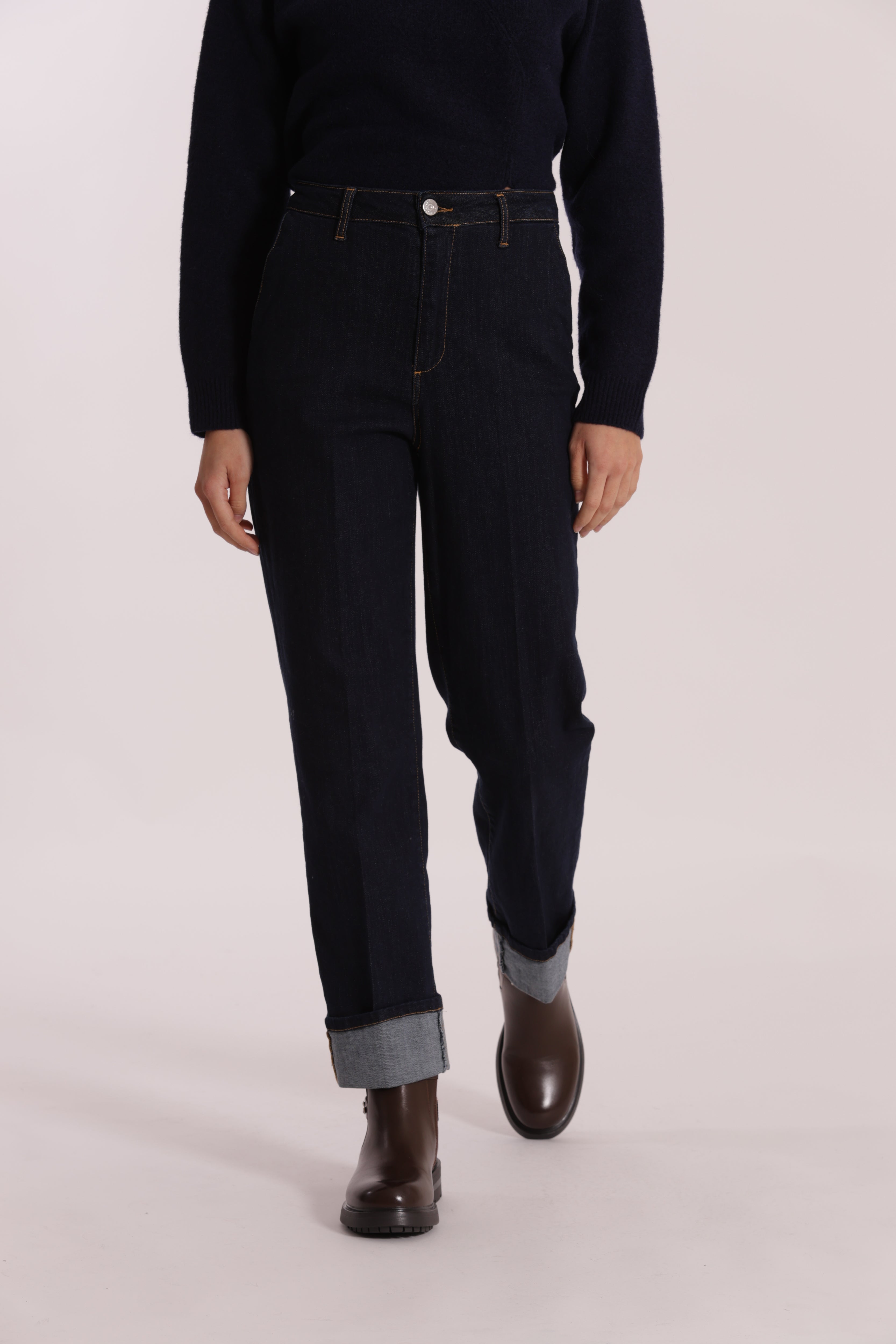 Mimi Mua Jeans Wide Leg Risvolto Blu Scuro Denim