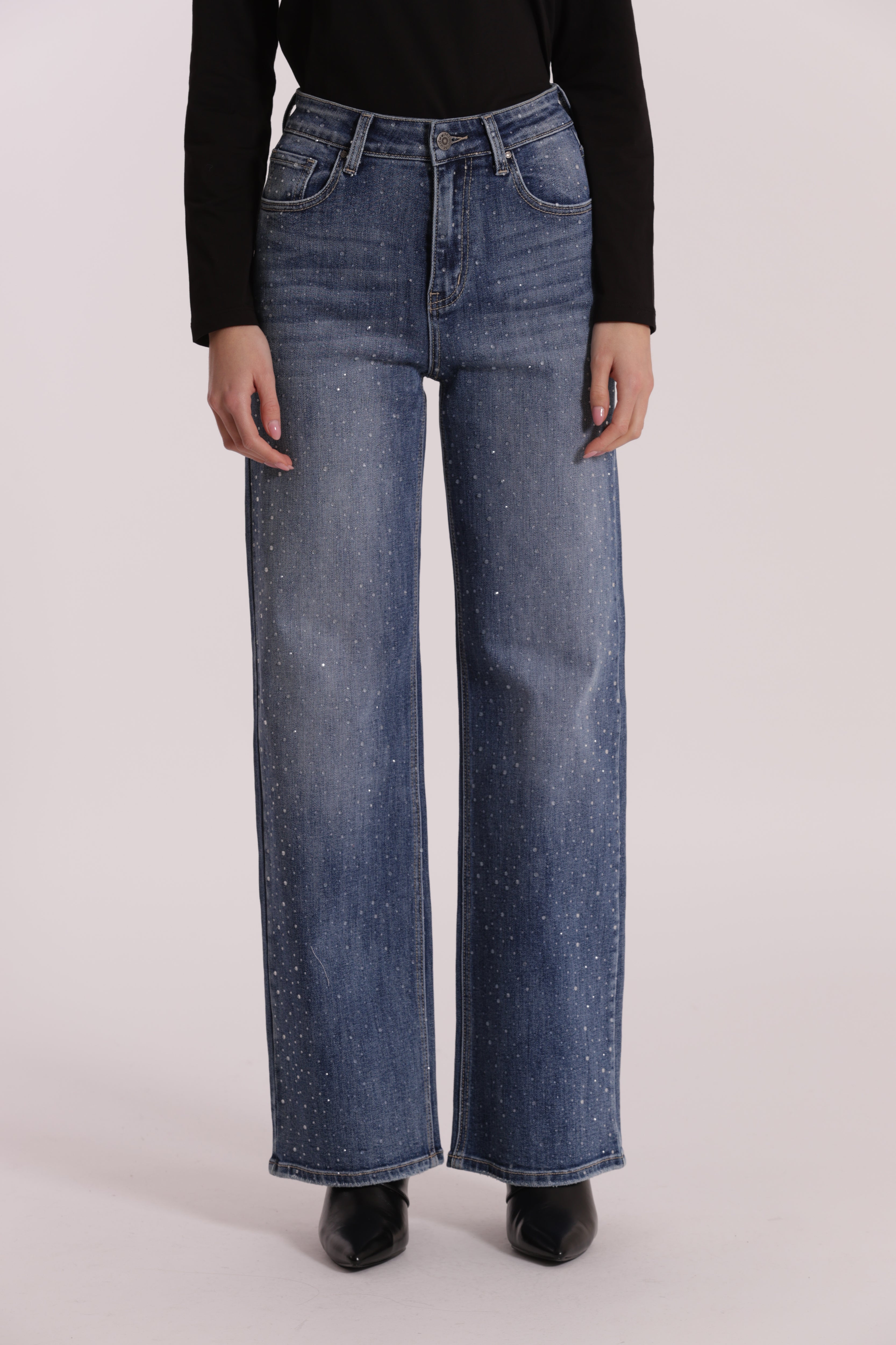 Mimi Mua Jeans Wide Leg Strass Blu Medio