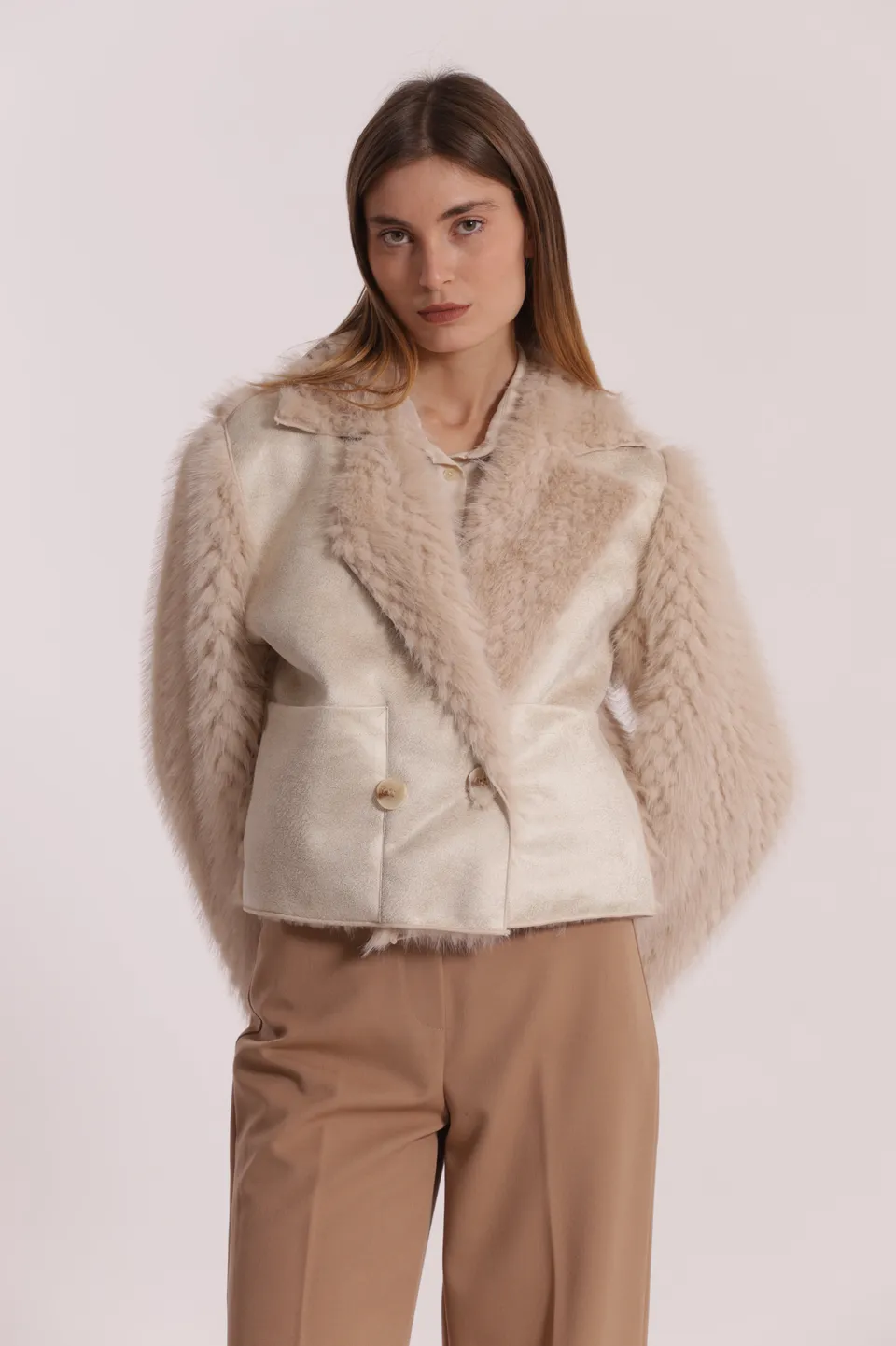 Mimi Mua Giubbotto Cropped Reversibile montone beige