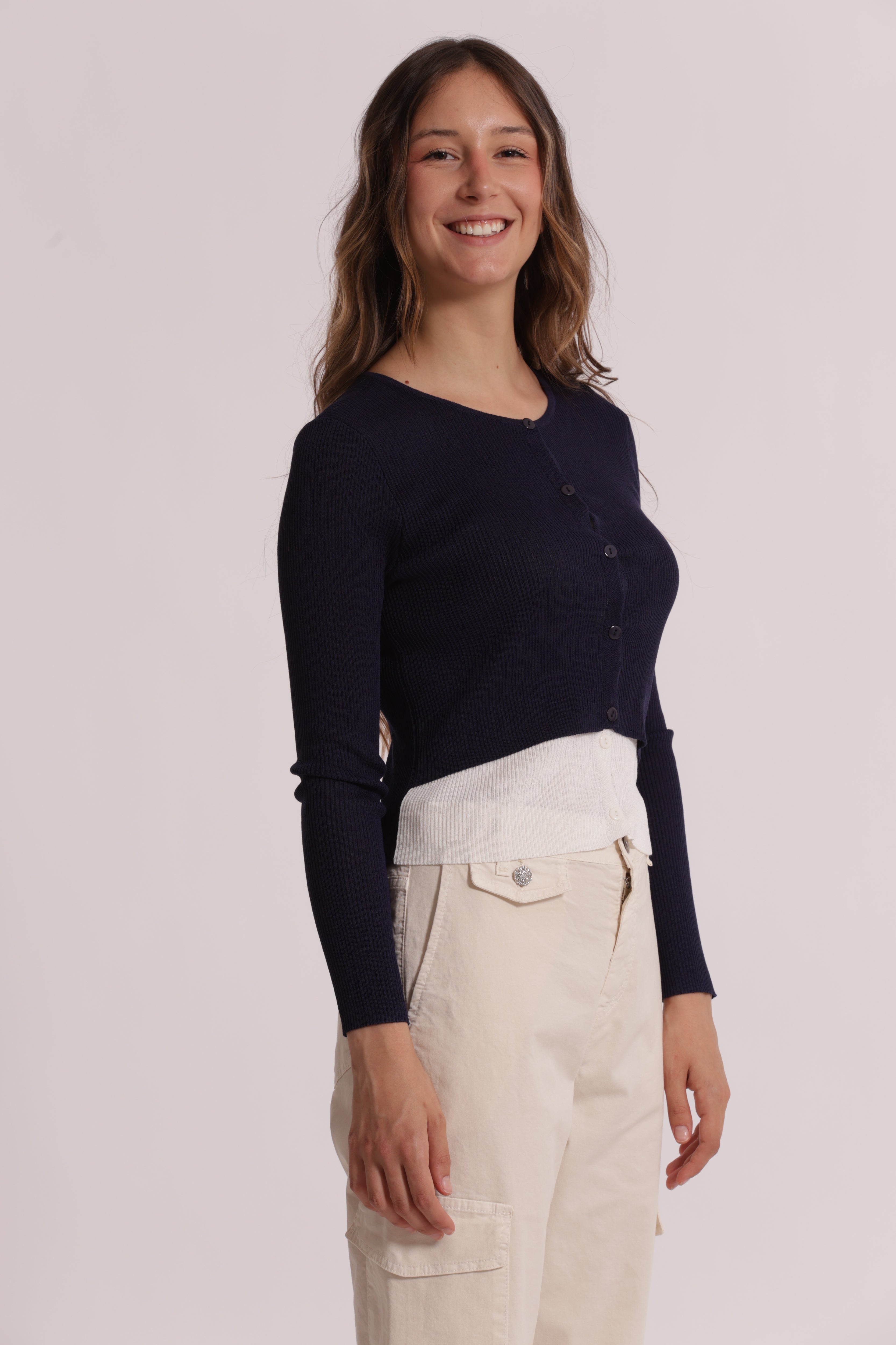 Mimi Mua Cardigan Maglia Doppia Abbottonatura Nero/Panna