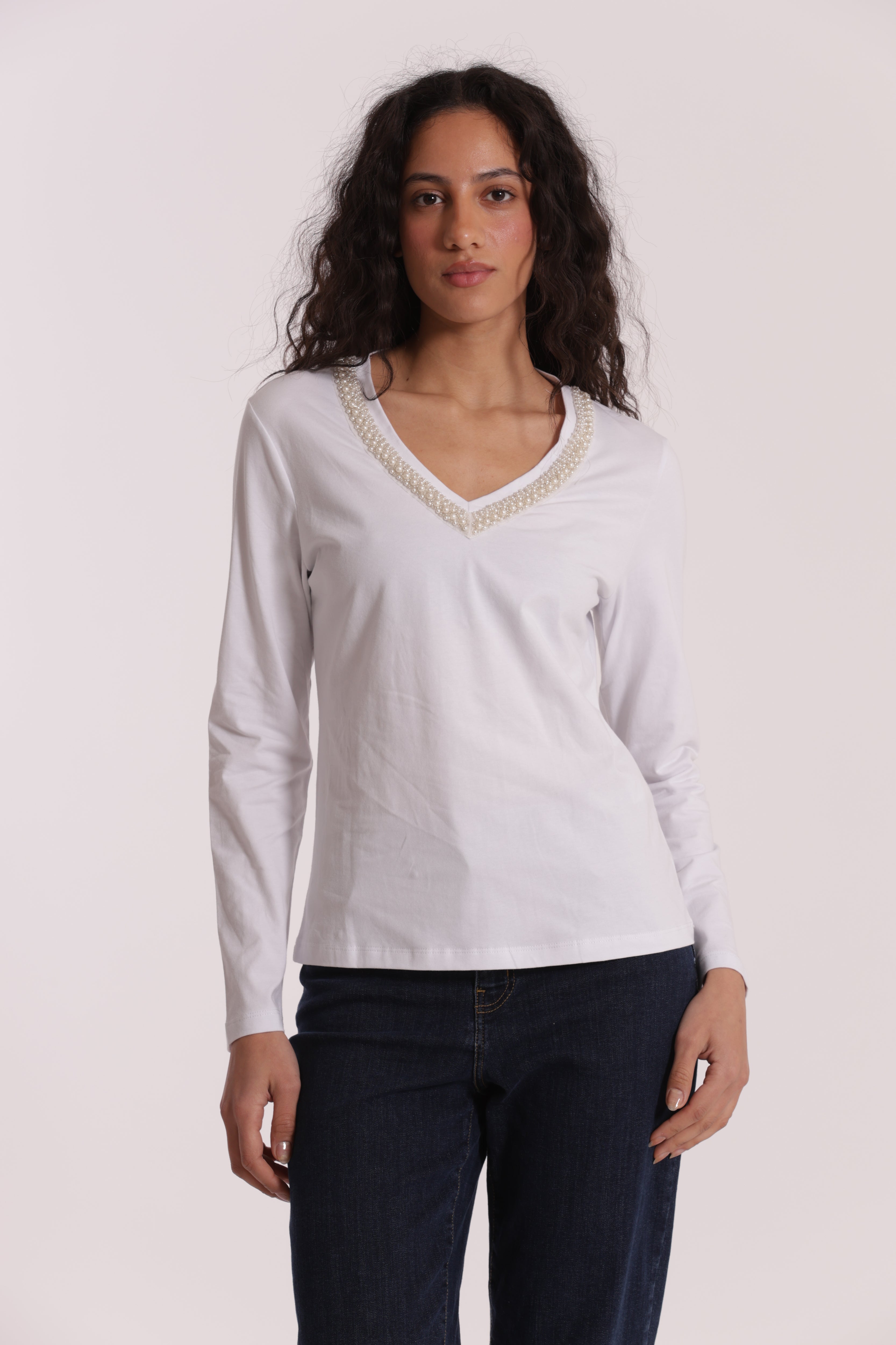 Mimi Mua t-shirt scollo a V perle bianco cotone