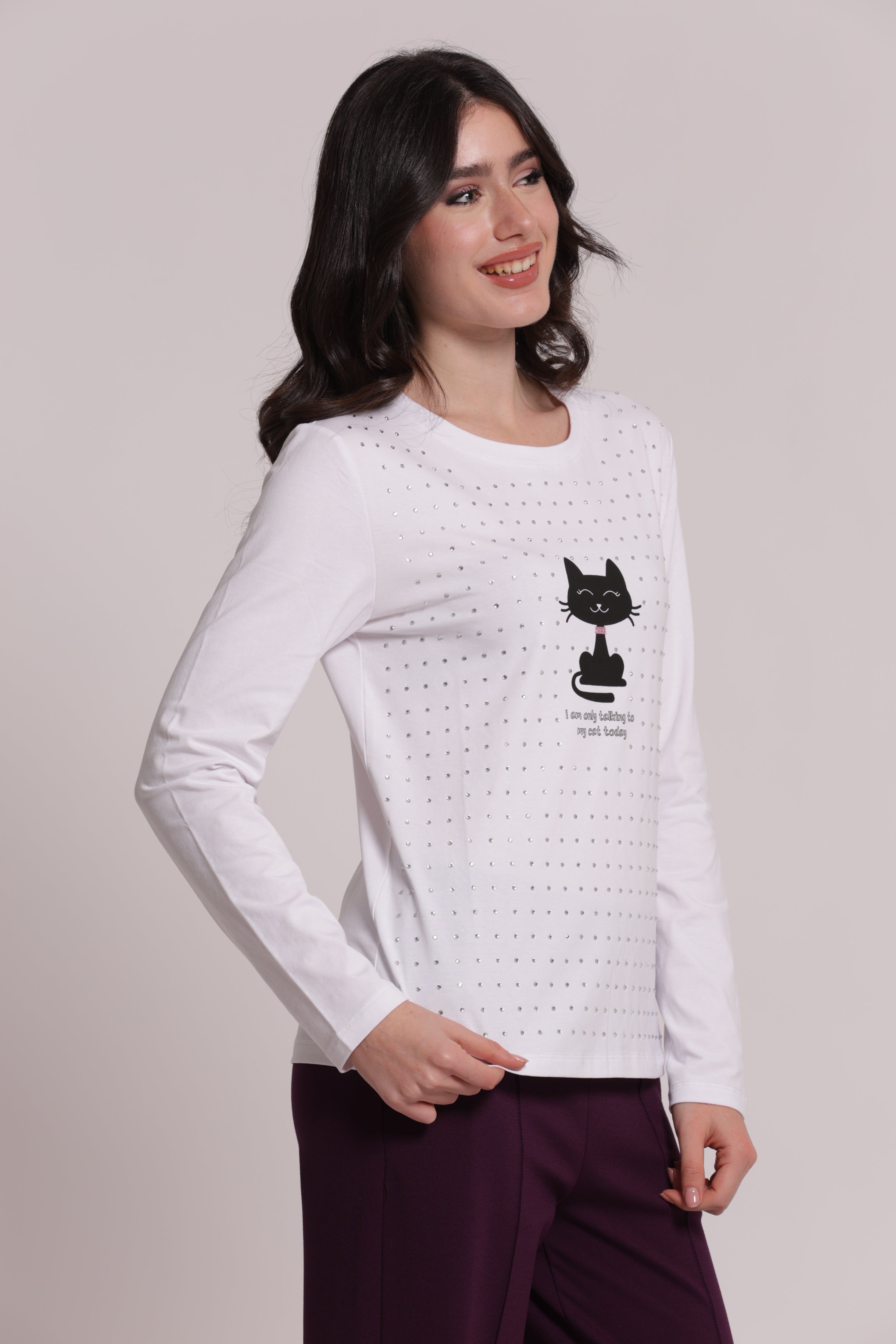 Mimi Mua T-Shirt Maniche Lunghe Gatto Strass Bianco