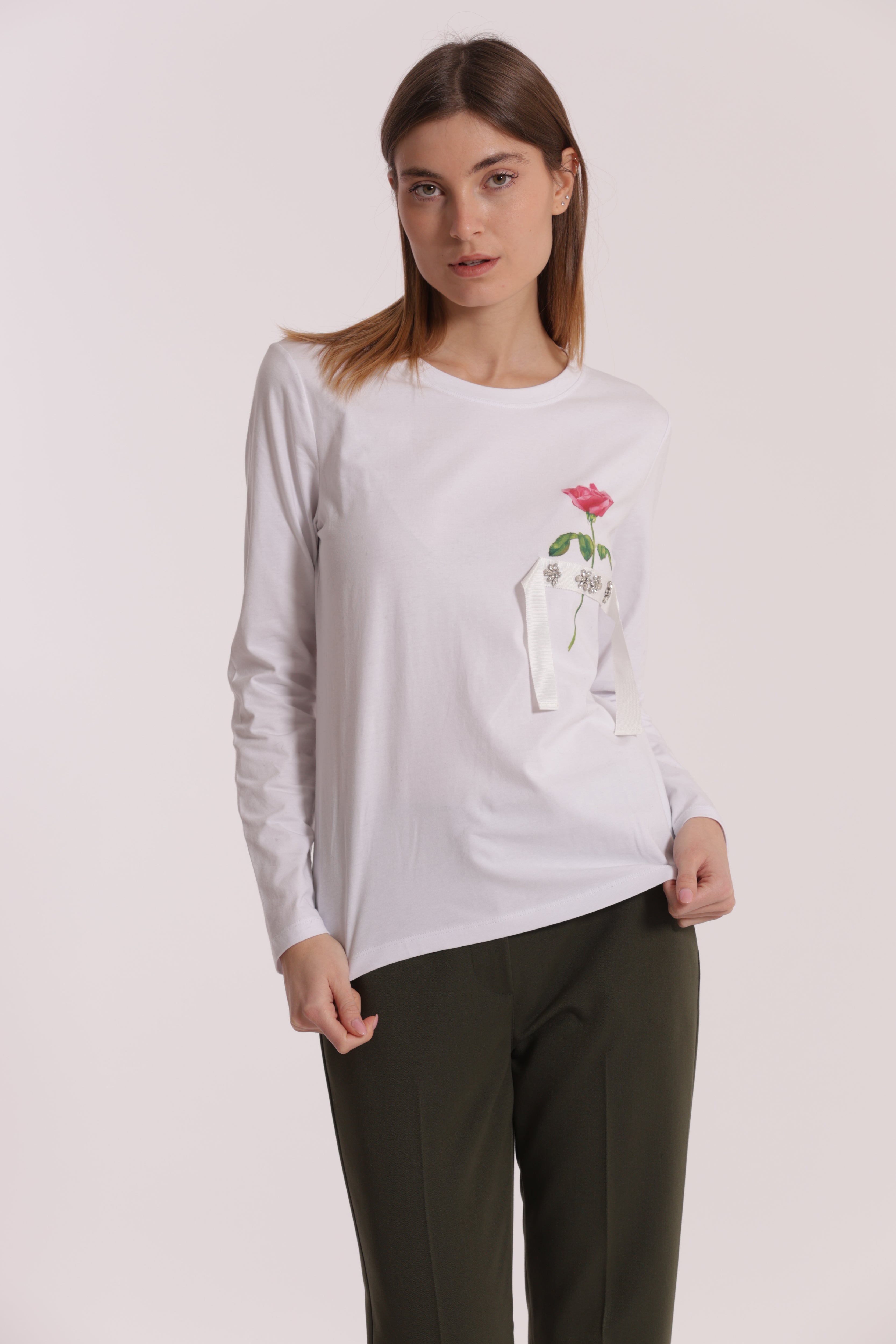 Mimi Mua t-shirt con rosa cotone bianco