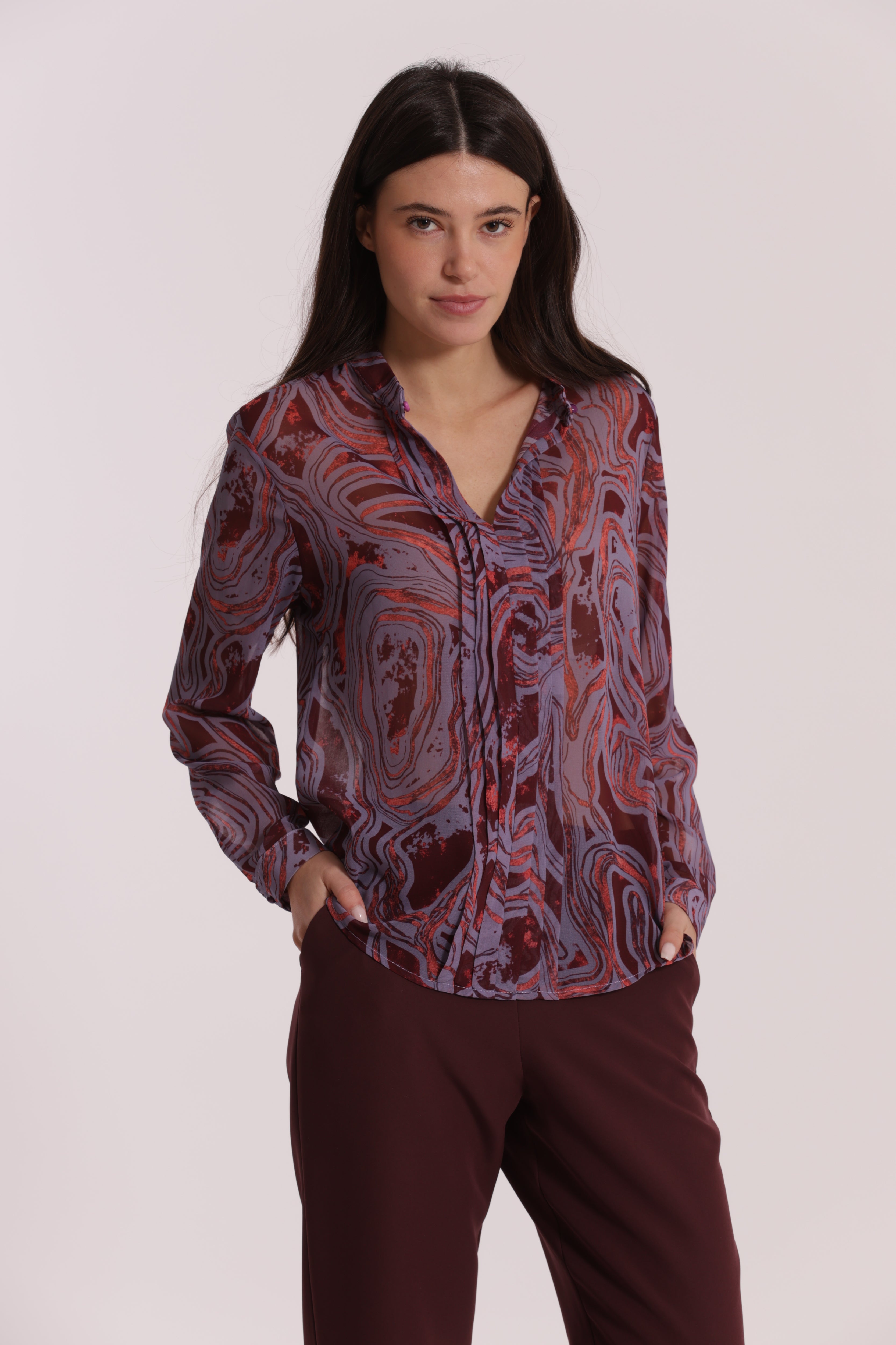 Mimi Mua Blusa con Pieghe Fantasia Marmorea malva