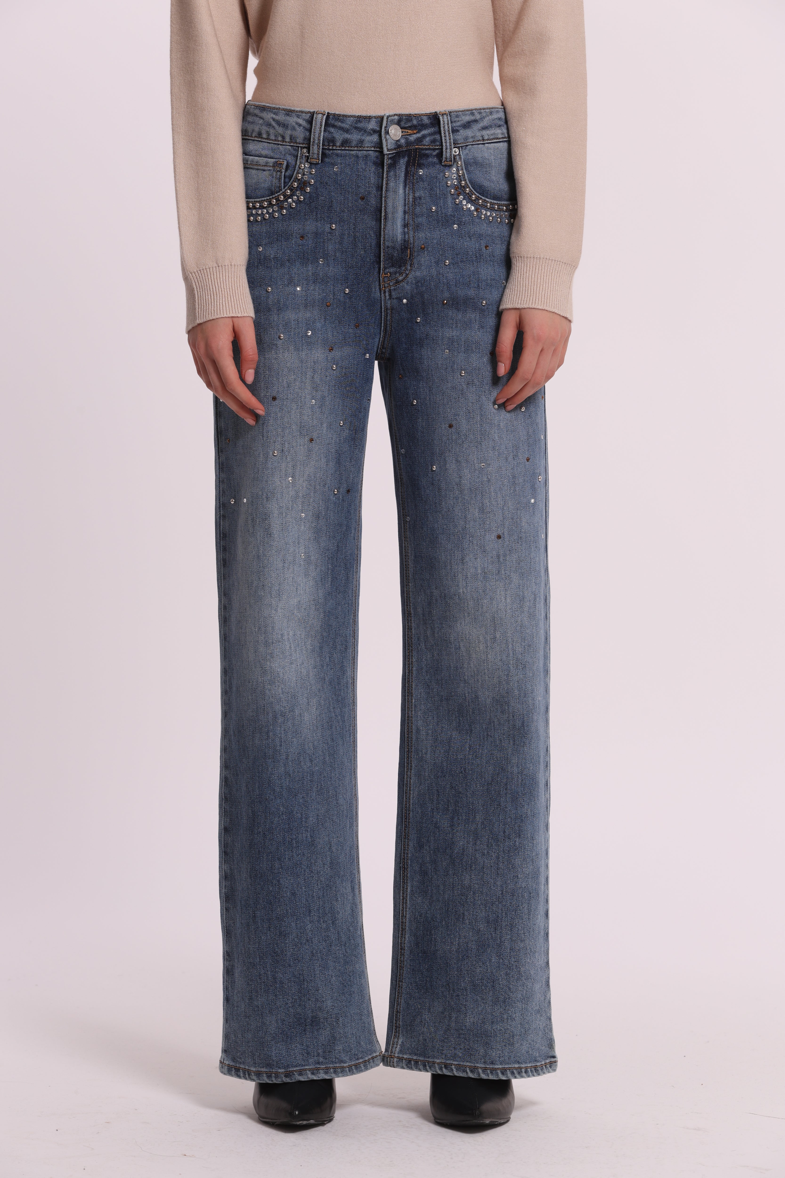 Mimi Mua jeans wide leg borchie e strass nero