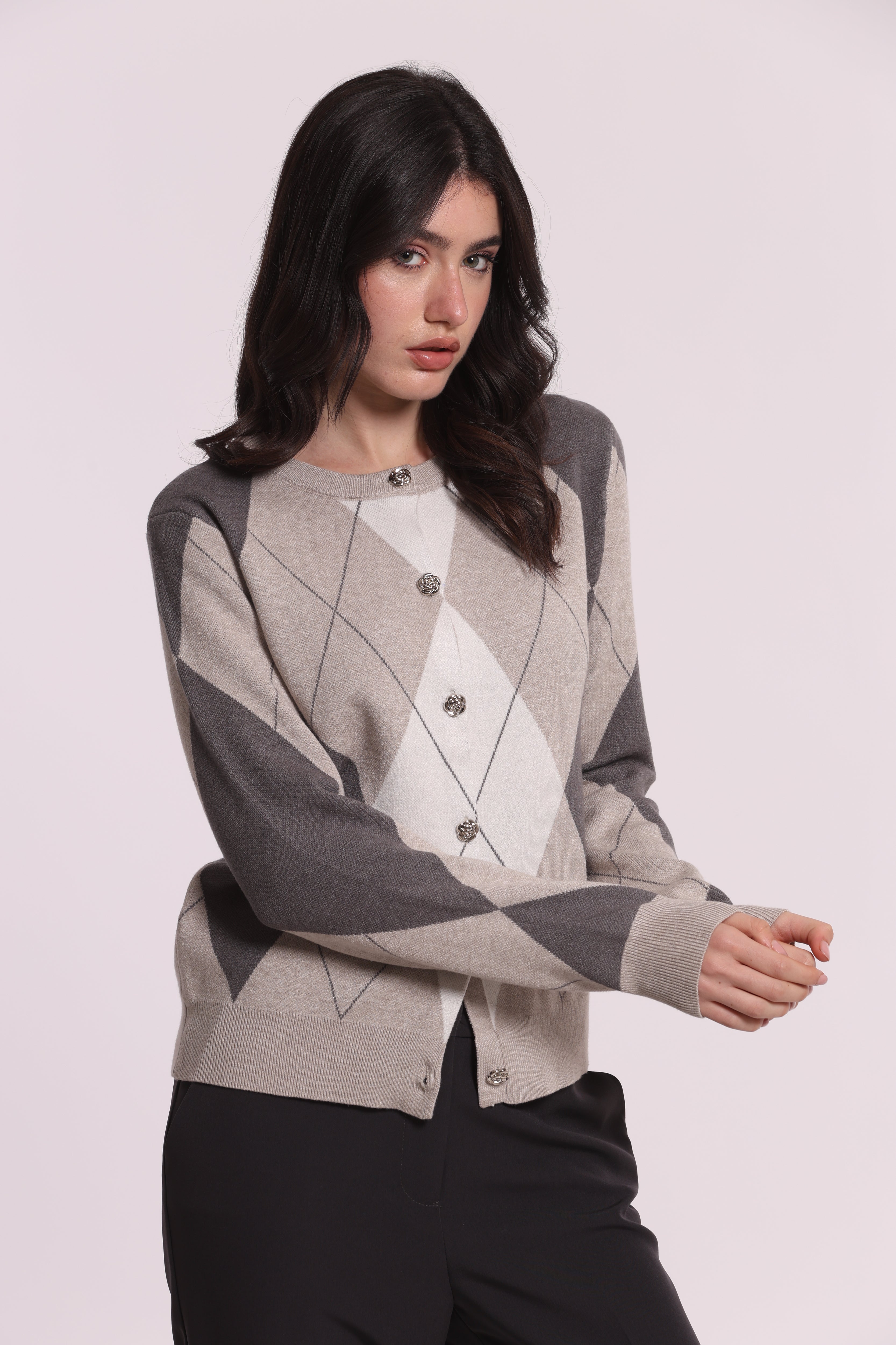 Mimi Mua Cardigan Geometrico Bottoni Gioiello Maglia