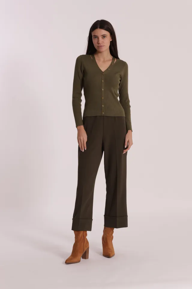 Mimi Mua Cropped con Risvolto in Crepe Pantalone Nero