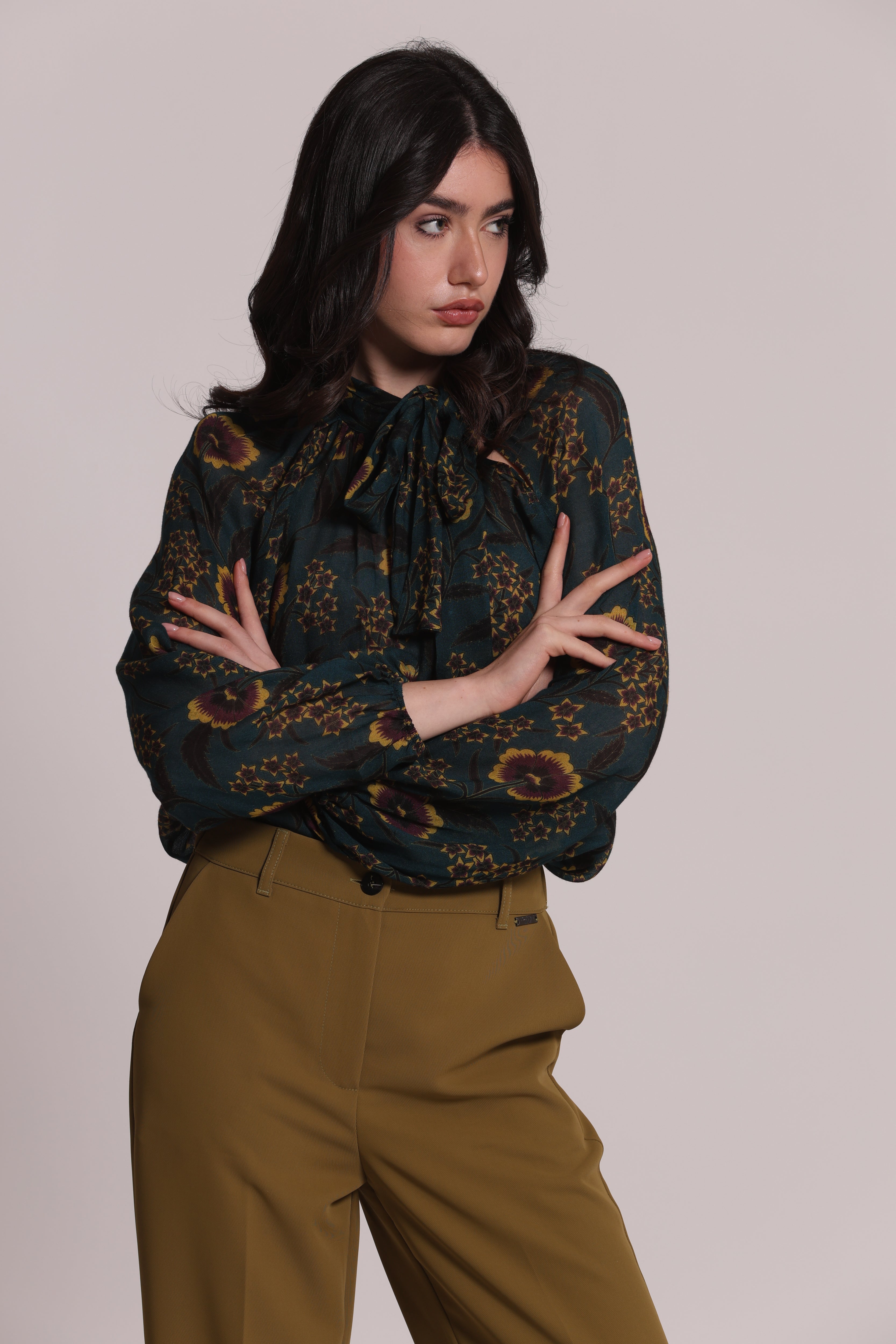 Mimi Mua Blusa Fiocco Ampio Verde Till Floreale Vintage