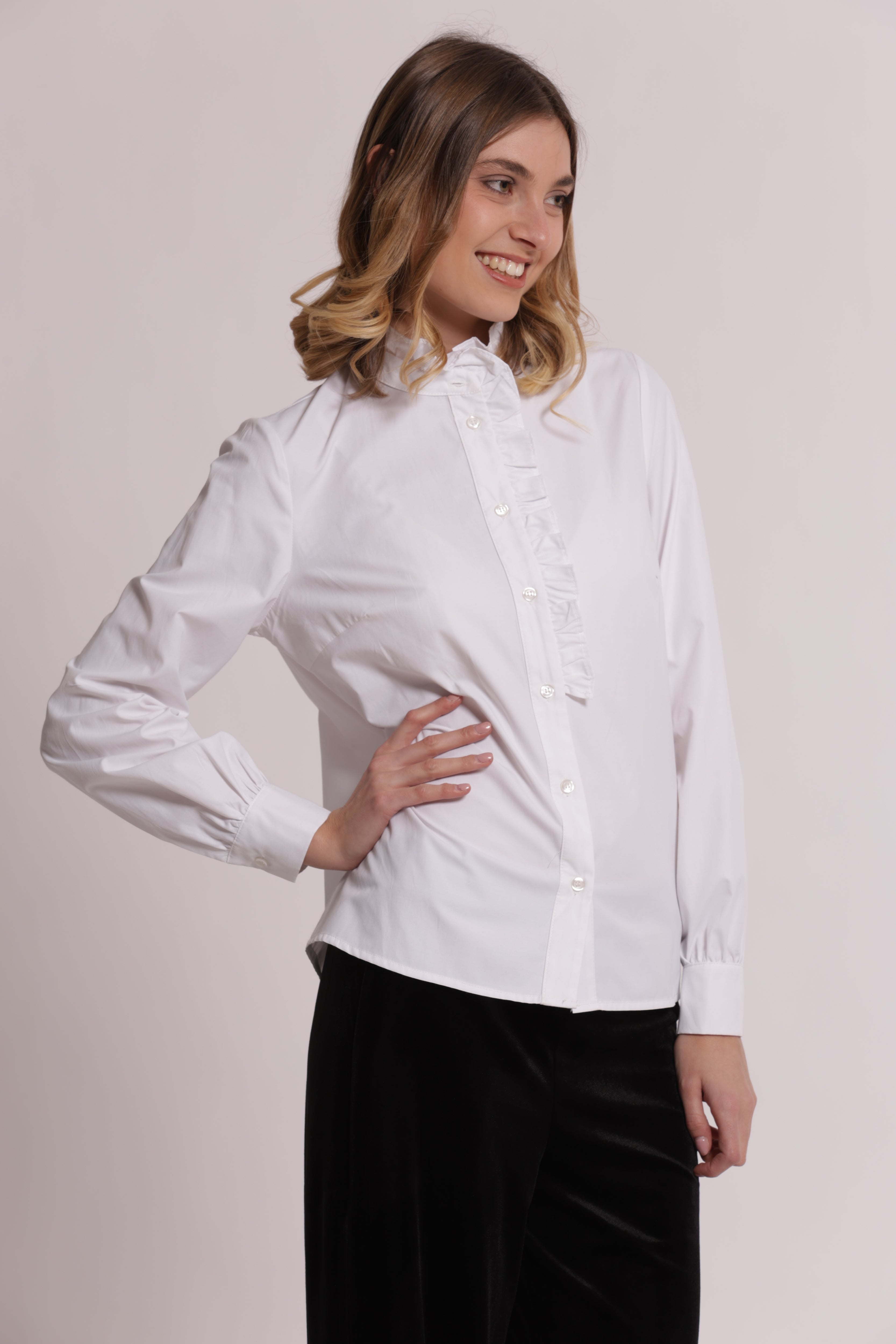 Mimi Mua Camicia Rouches Collo Bianco cotone