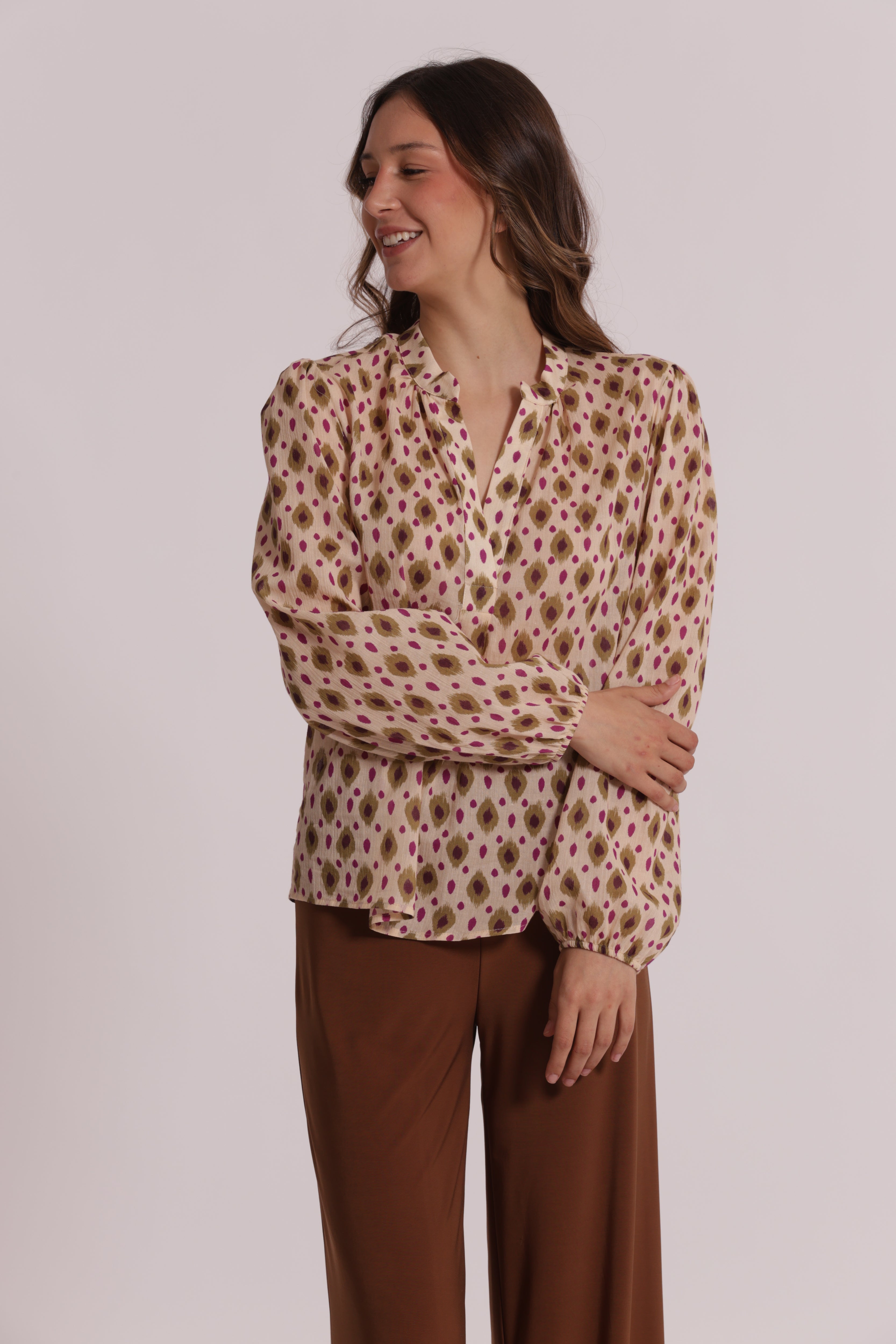 Mimi Mua Blusa Maniche Lunghe Rombi Beige Verde Cotone