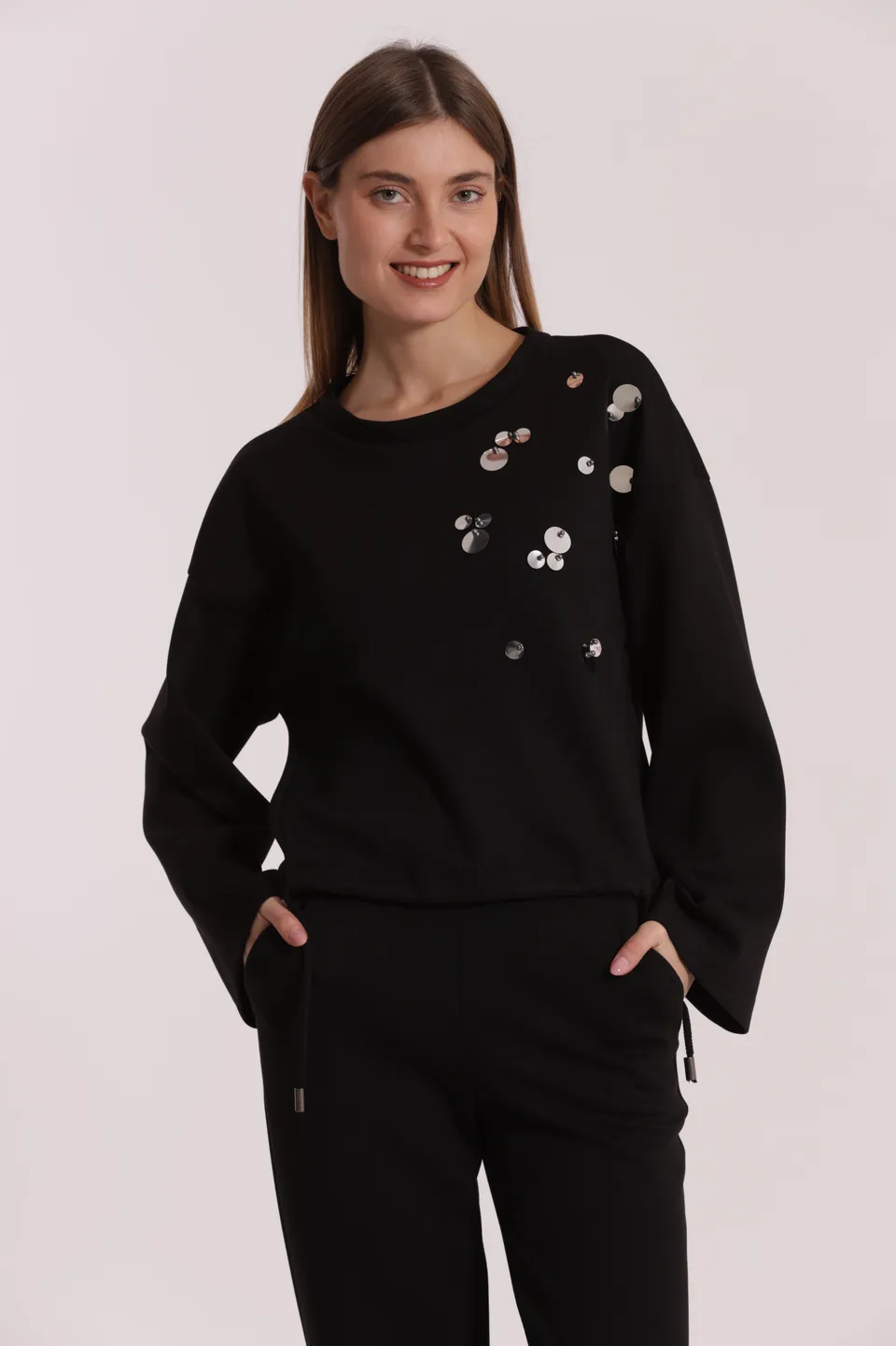 Mimi Mua Felpa Neoprene con Paillettes Nera Lucida