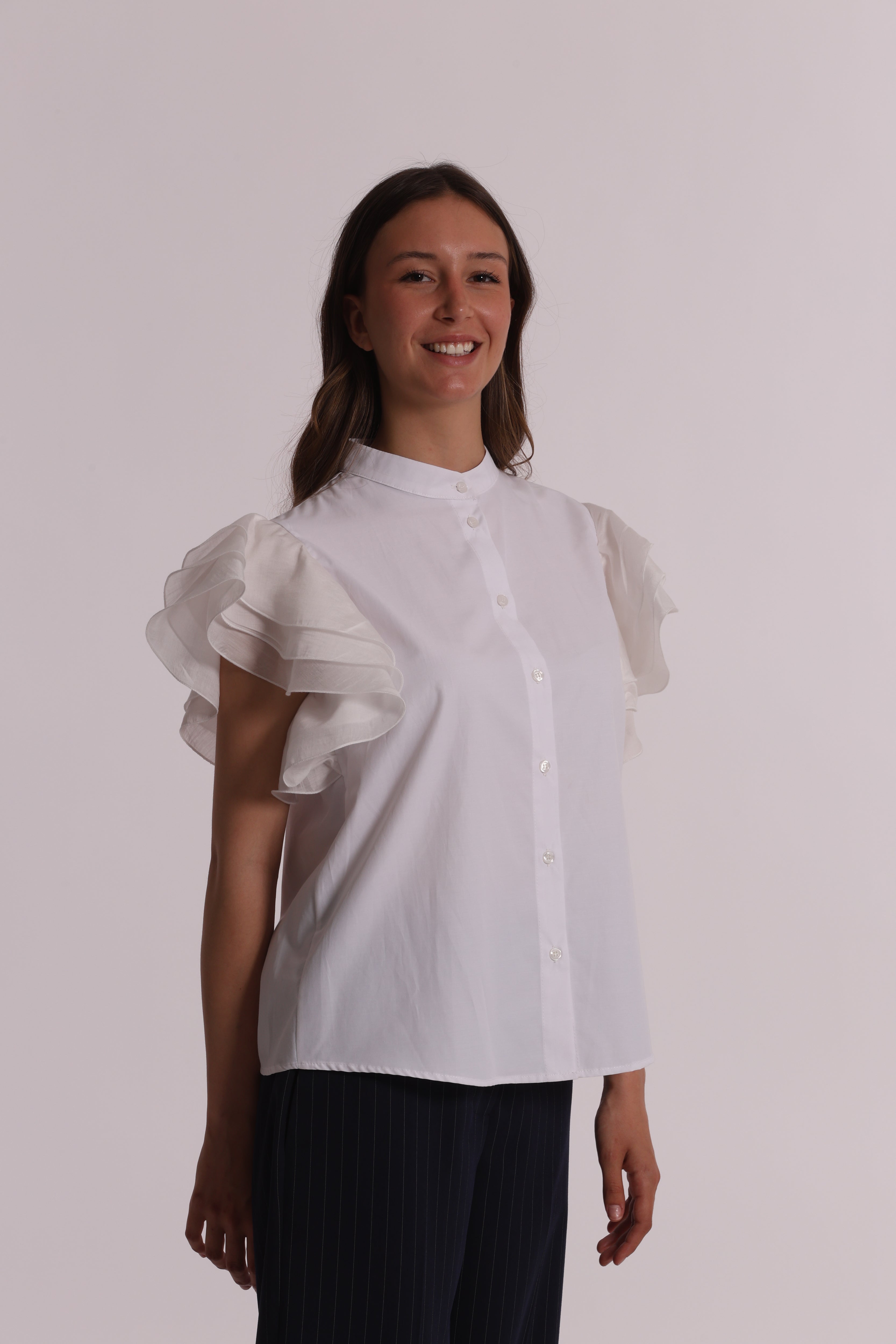 Mimi Mua Camicia Maniche Corte Volant bianco cotone