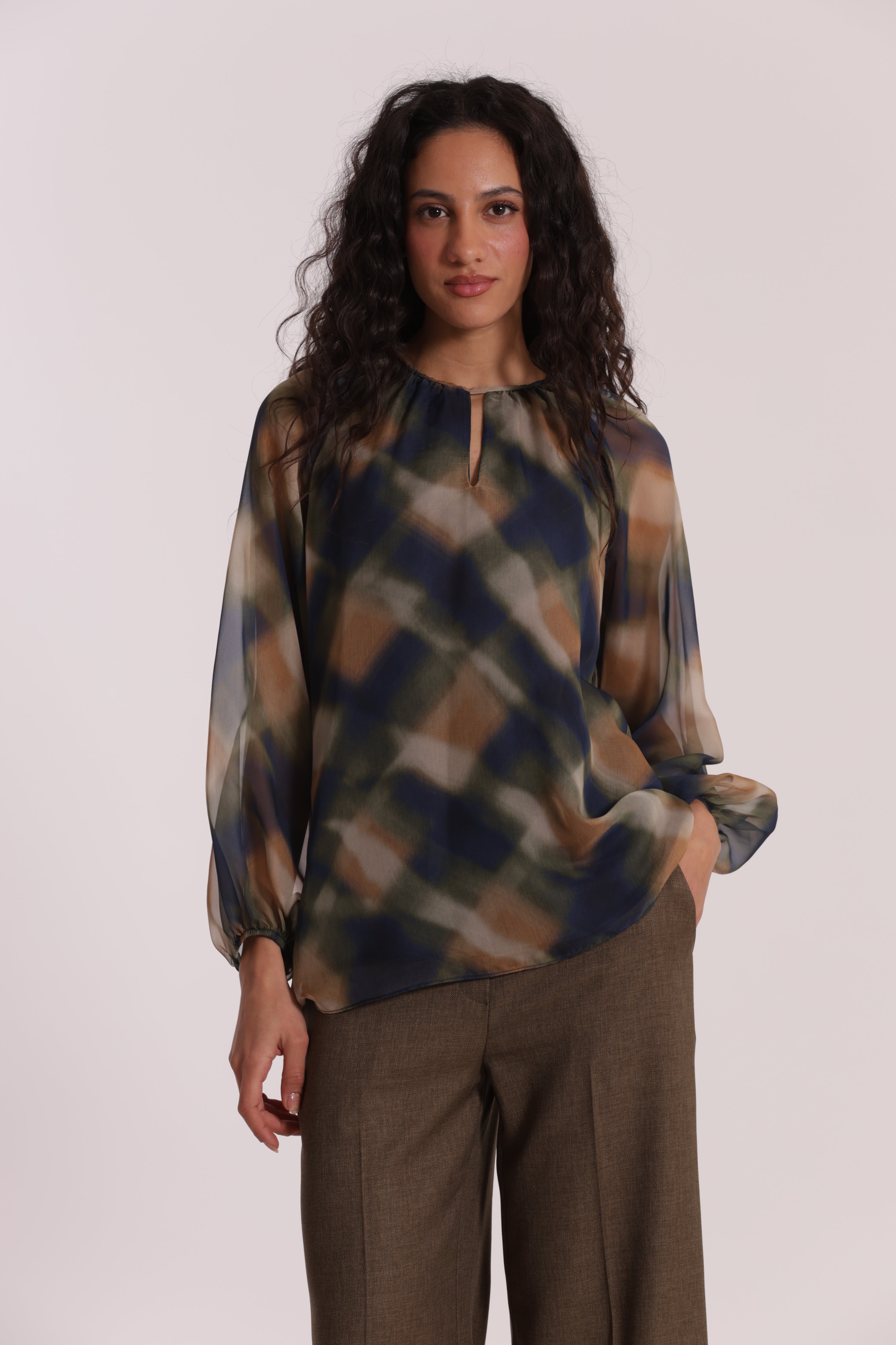 Mimi Mua Blusa Scollo Tondo blusa check blu/cammello
