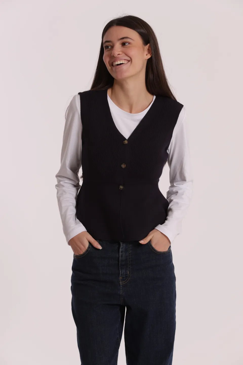 Mimi Mua Svasato Bottoni gilet nero in maglia