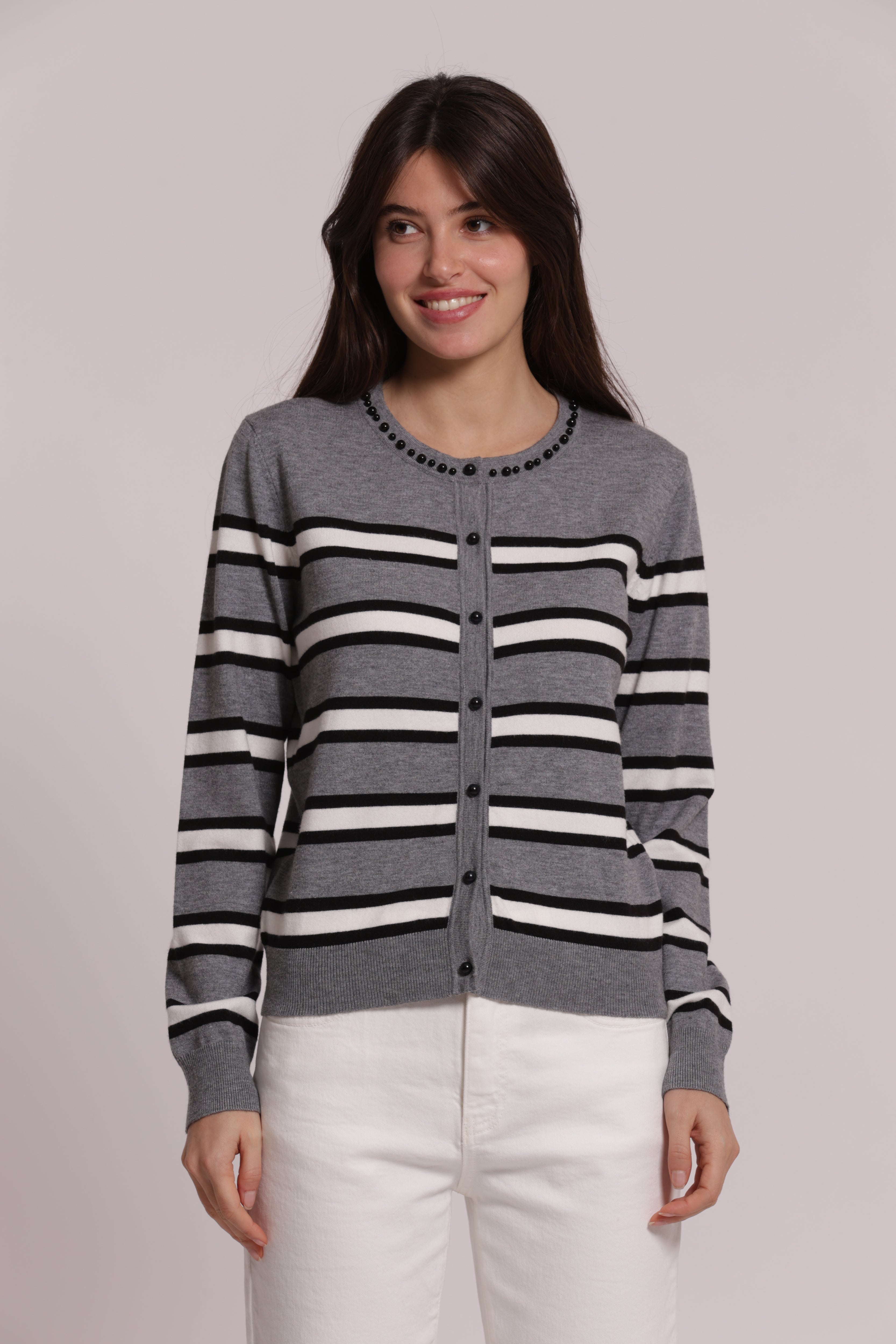 Mimi Mua Cardigan Righe Perle maglia moro