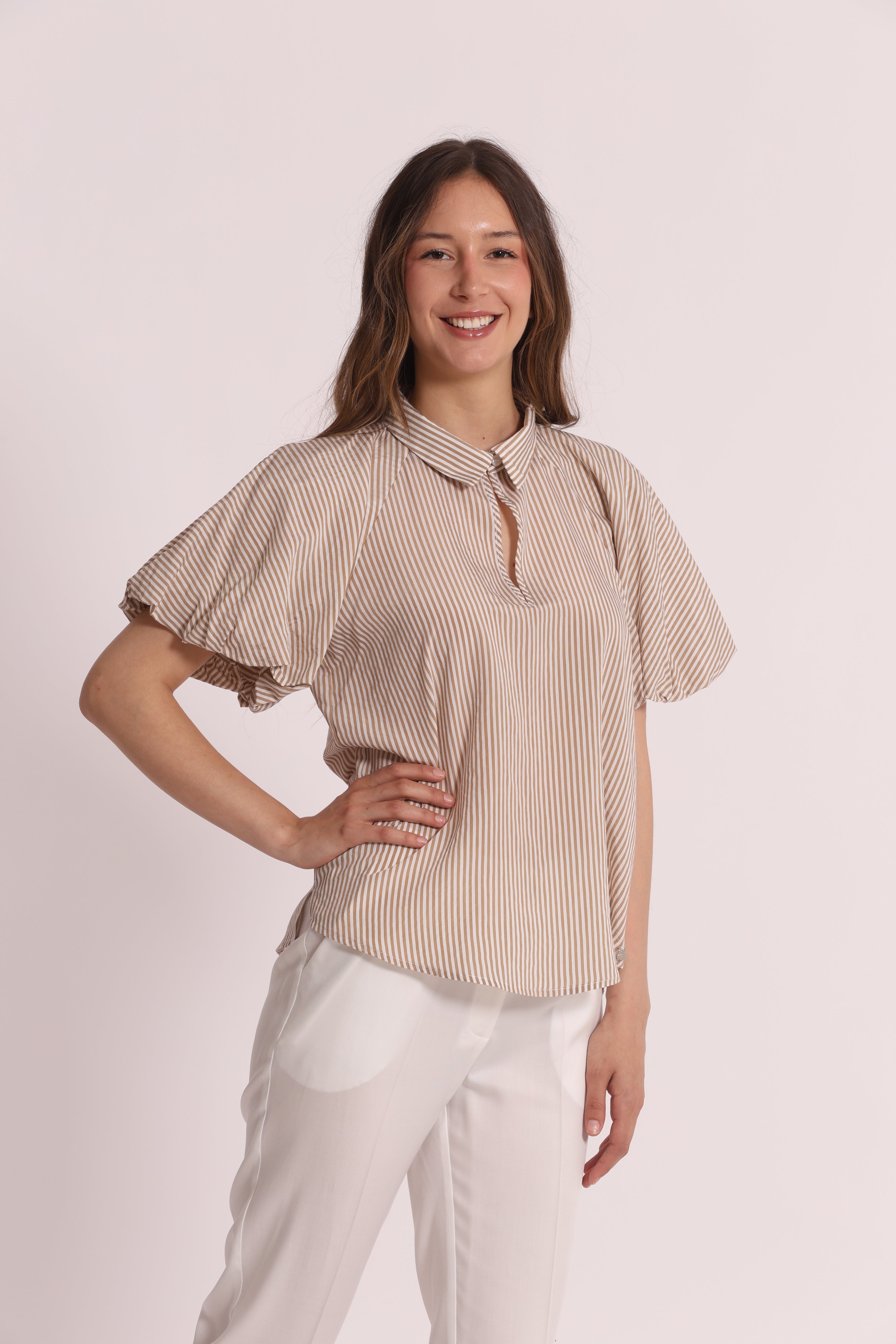 Mimi Mua Blusa Maniche Palloncino a Righe Beige Latte
