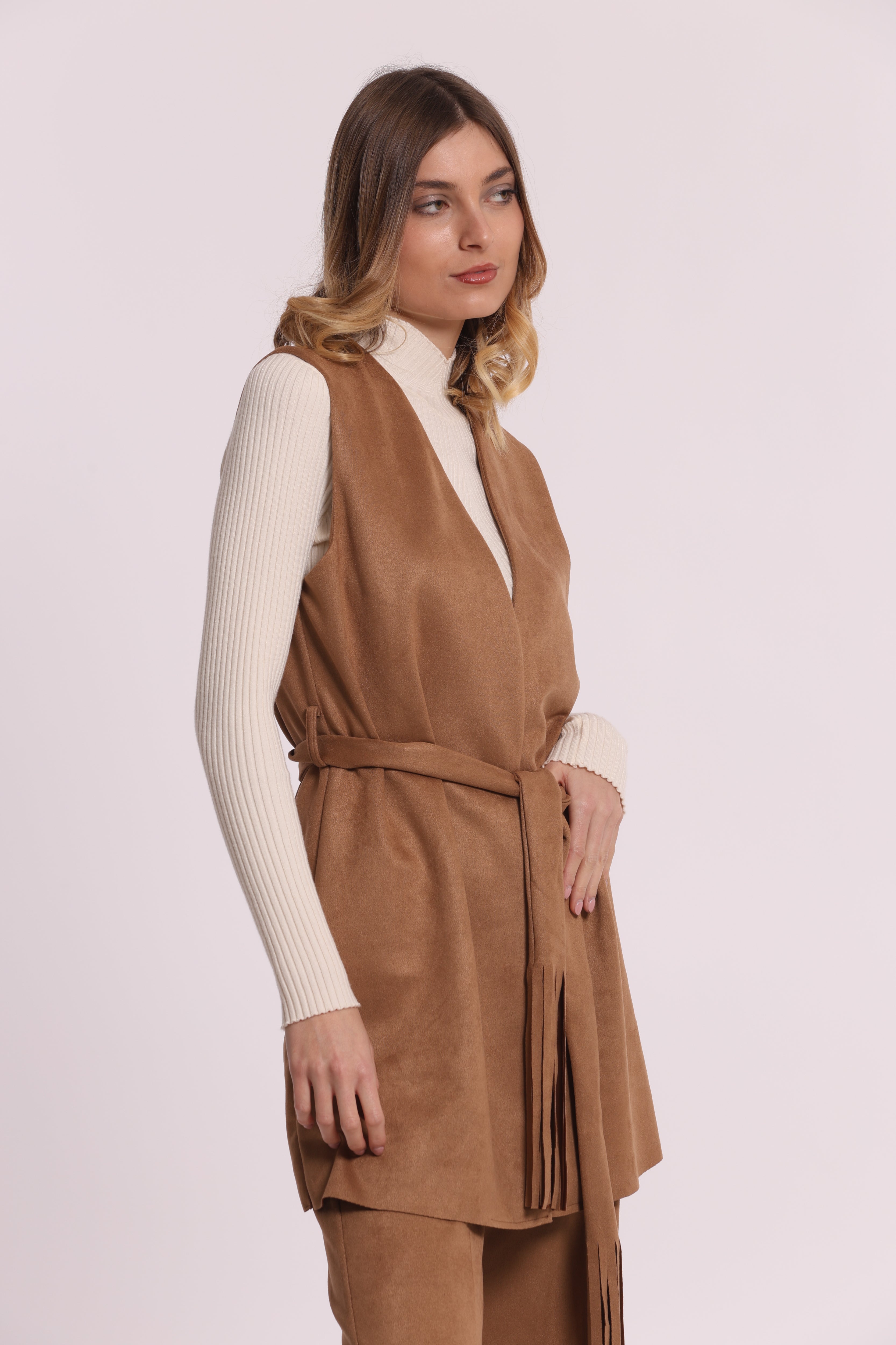 Mimi Mua Gilet Lungo Jersey Effetto Camoscio Beige