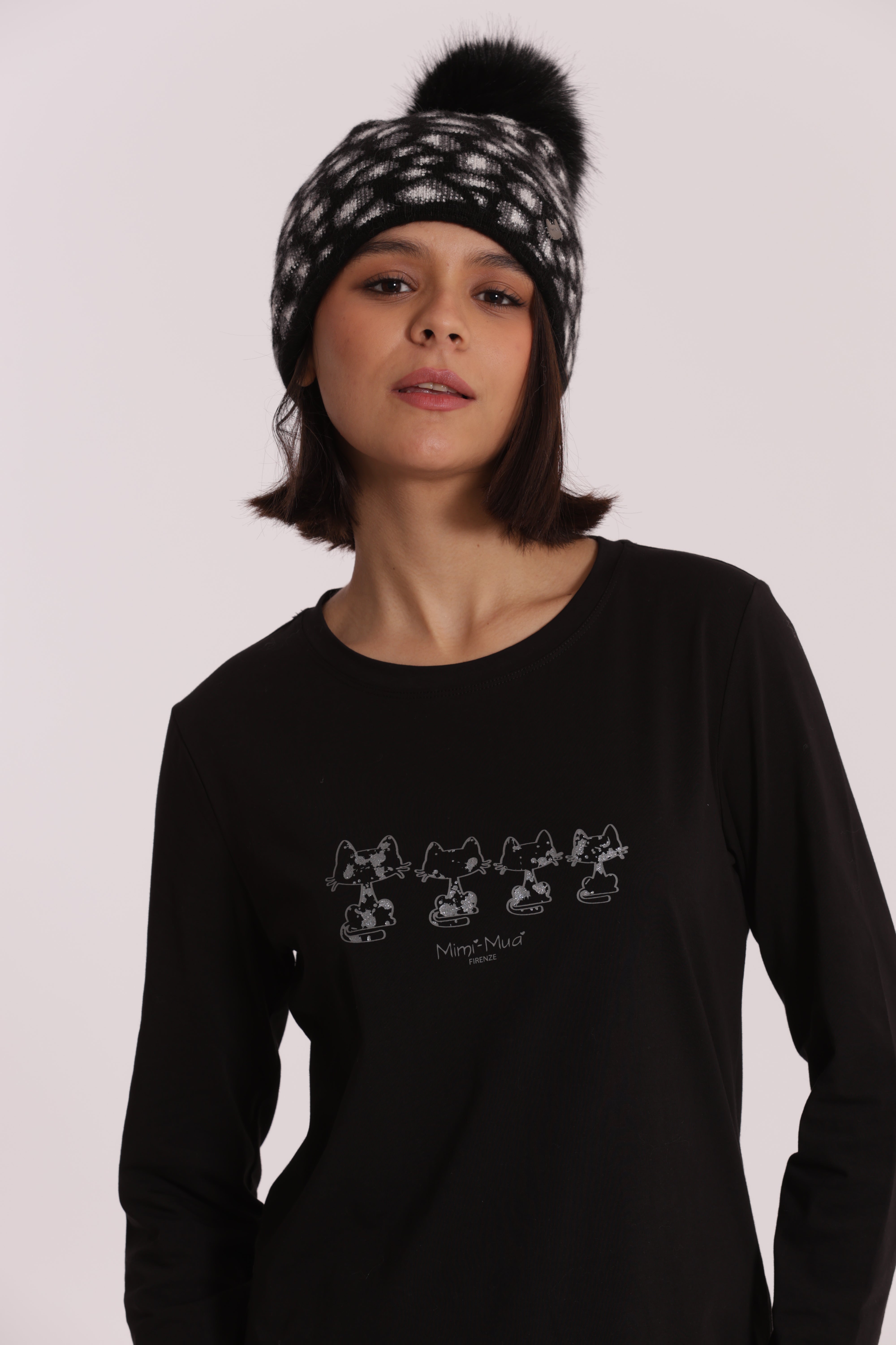 Mimi Mua Berretto Leopardato Strass Pon Pon Nero