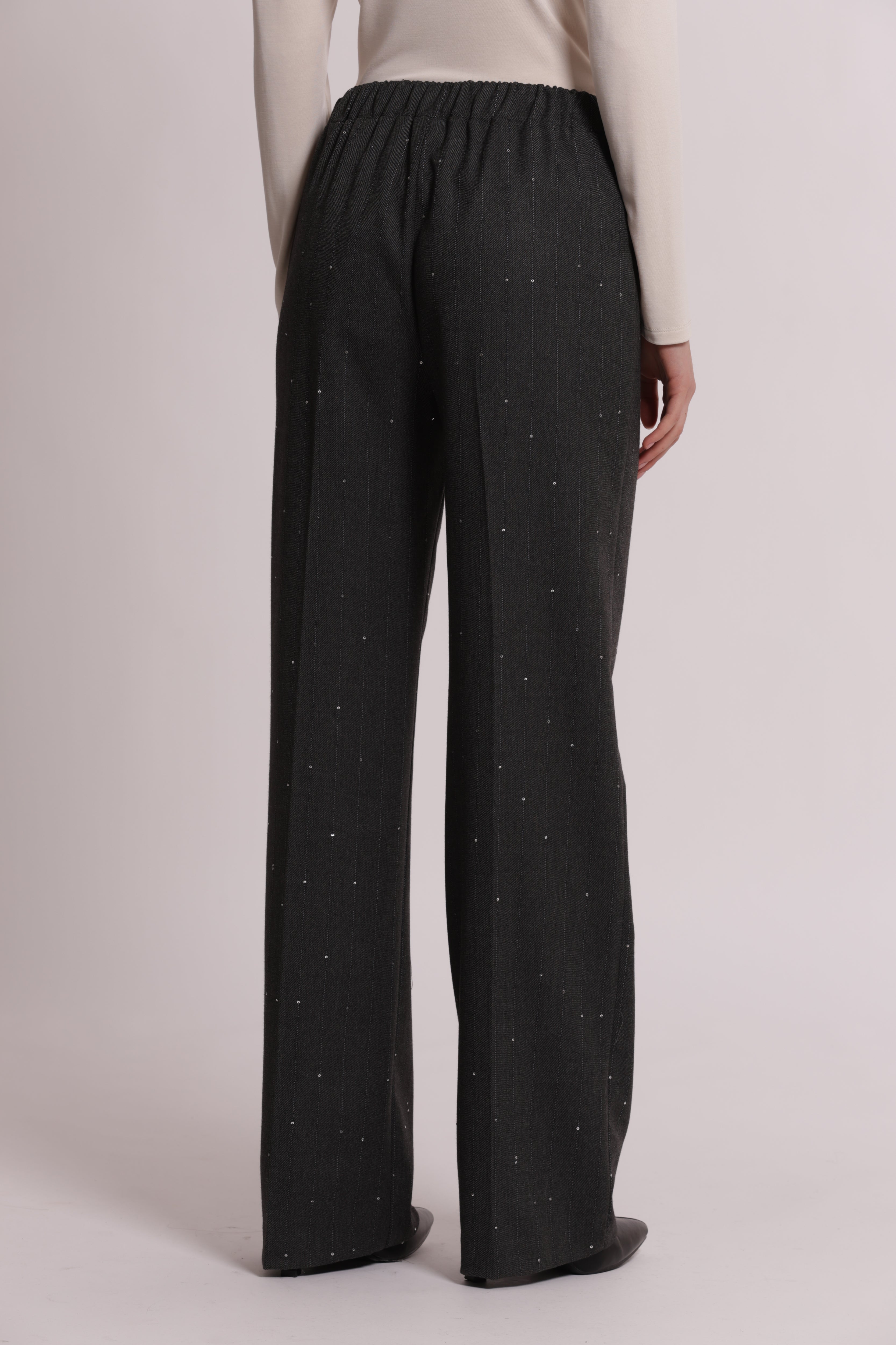 Mimi Mua Pantalone Dritto Gessato Paillettes Piombo