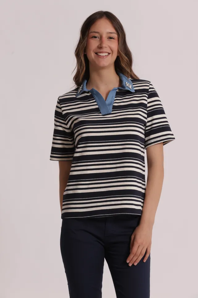 Mimi Mua T-Shirt a Righe Colletto Denim Strass Blu/Panna