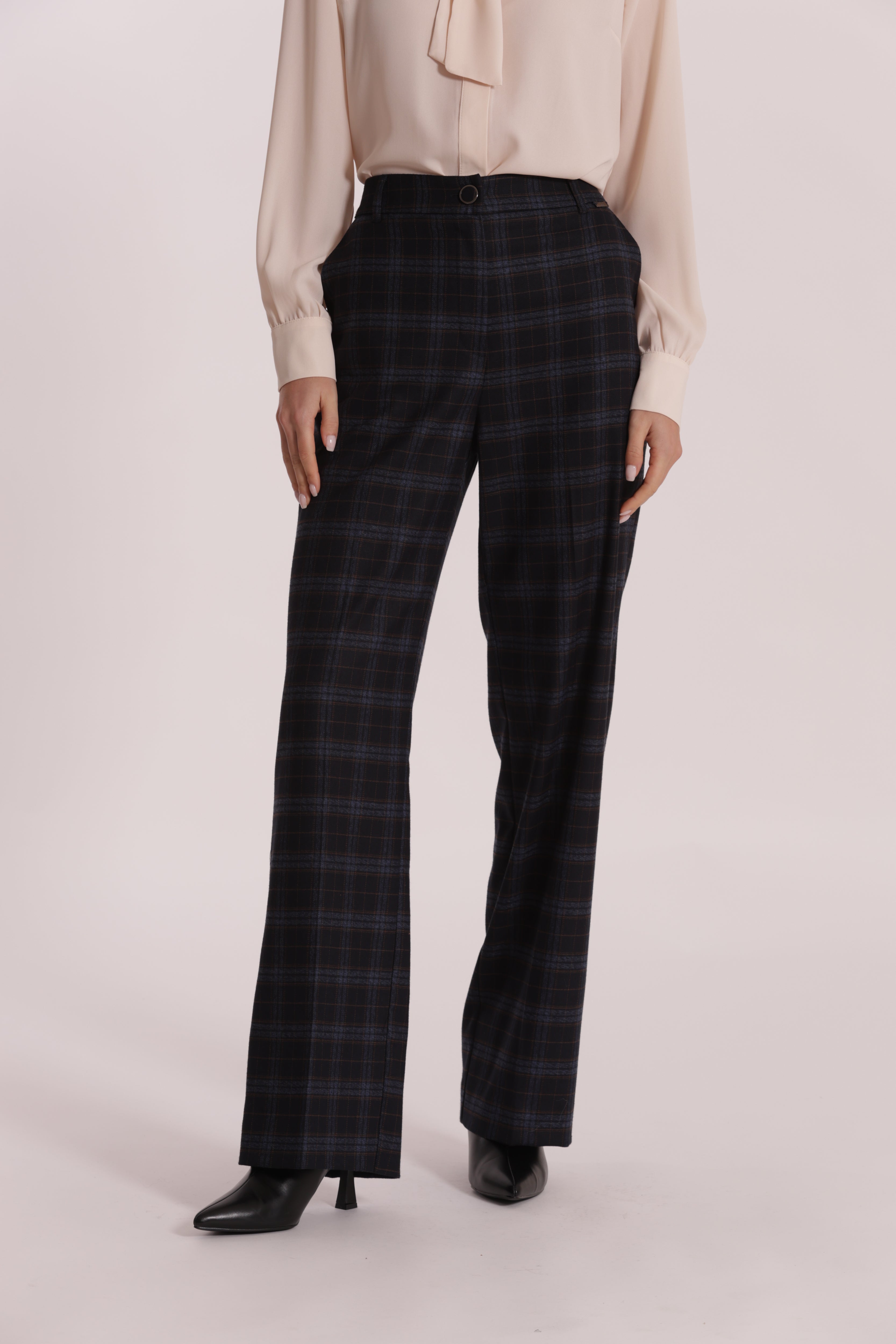 Mimi Mua Pantalone Dritto Check Blu Elasticizzato