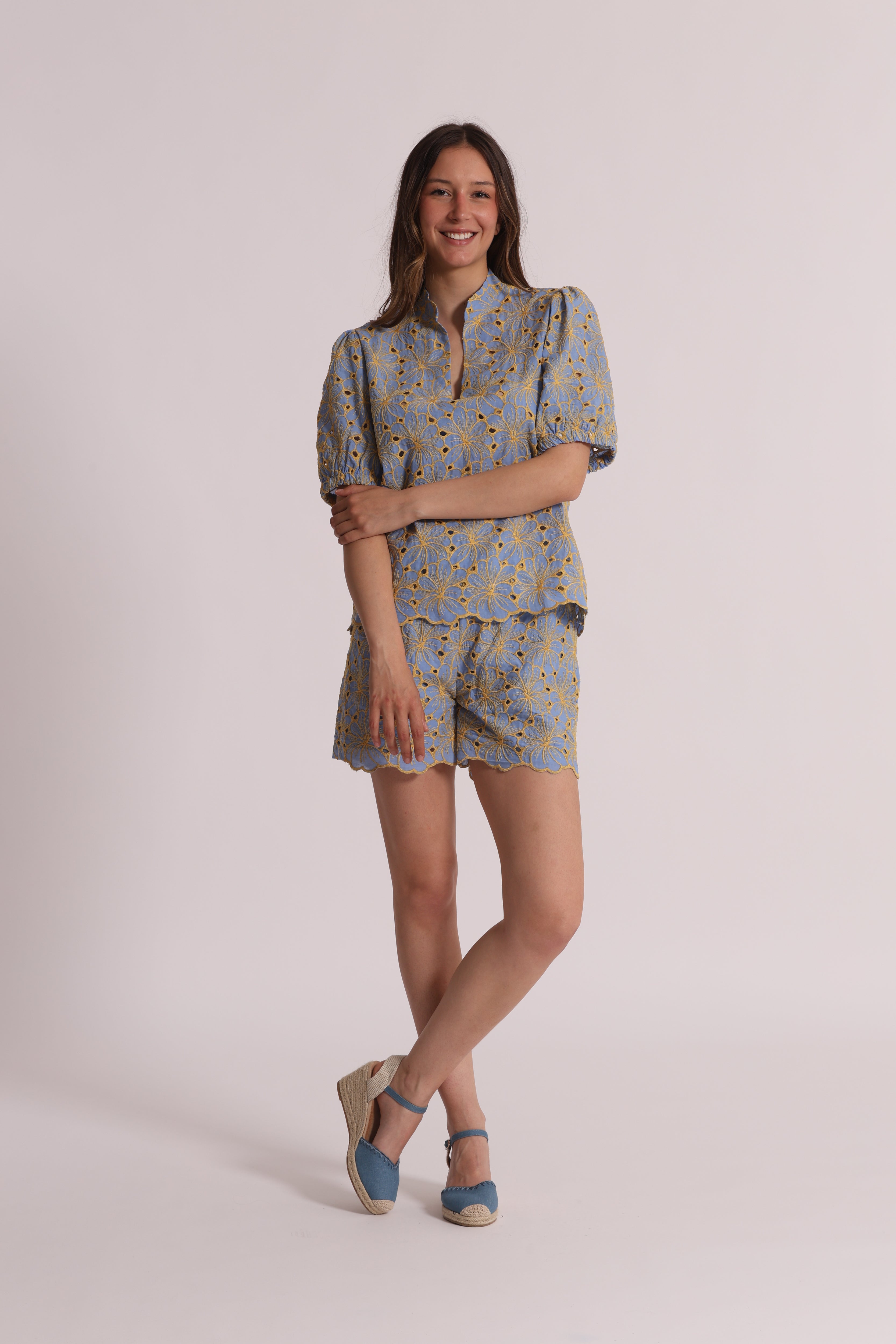 Mimi Mua Sangallo blusa maniche corte panna/ocra