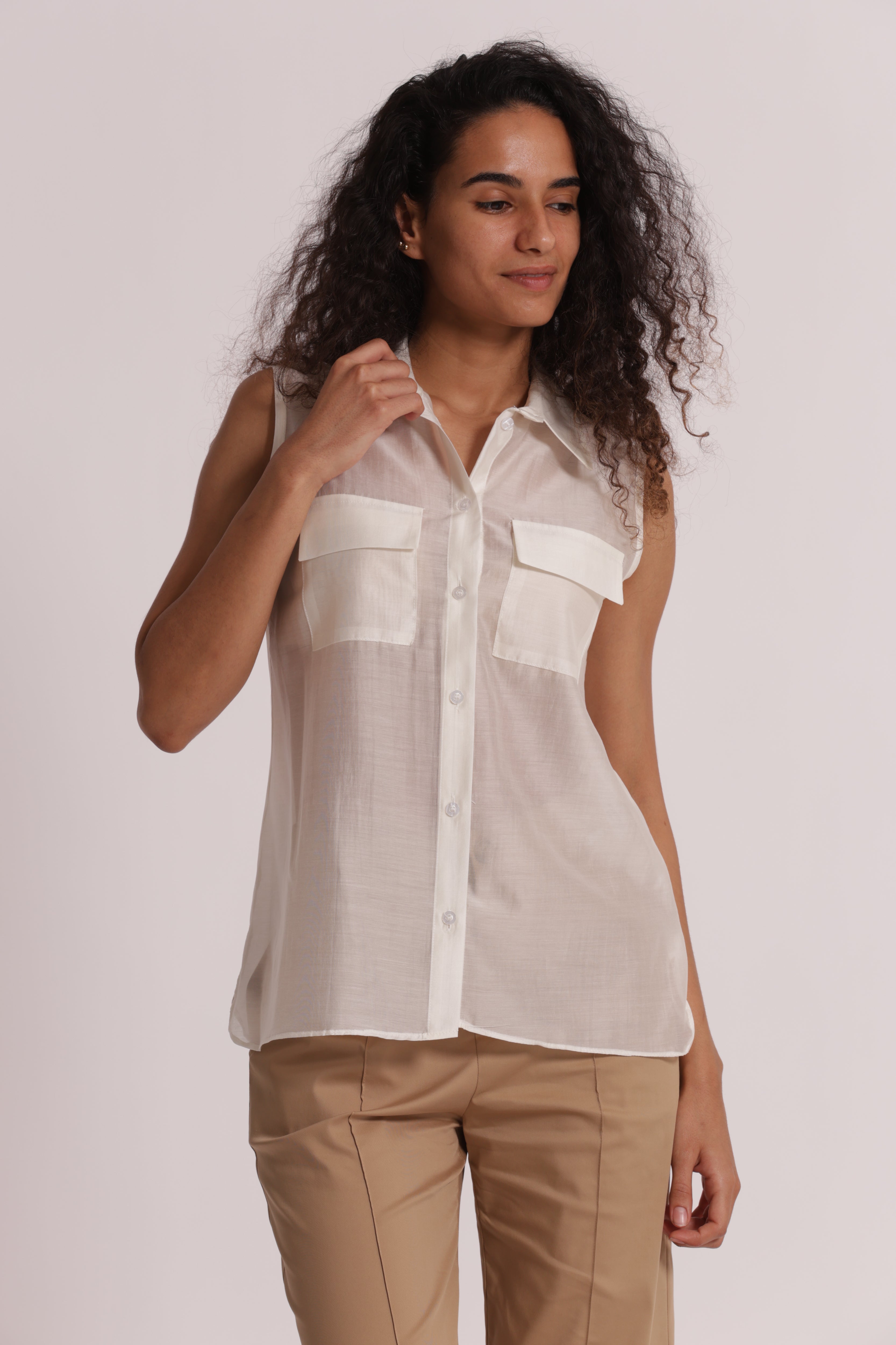 Mimi Mua Camicia Smanicata Tessuto Leggero Bianco