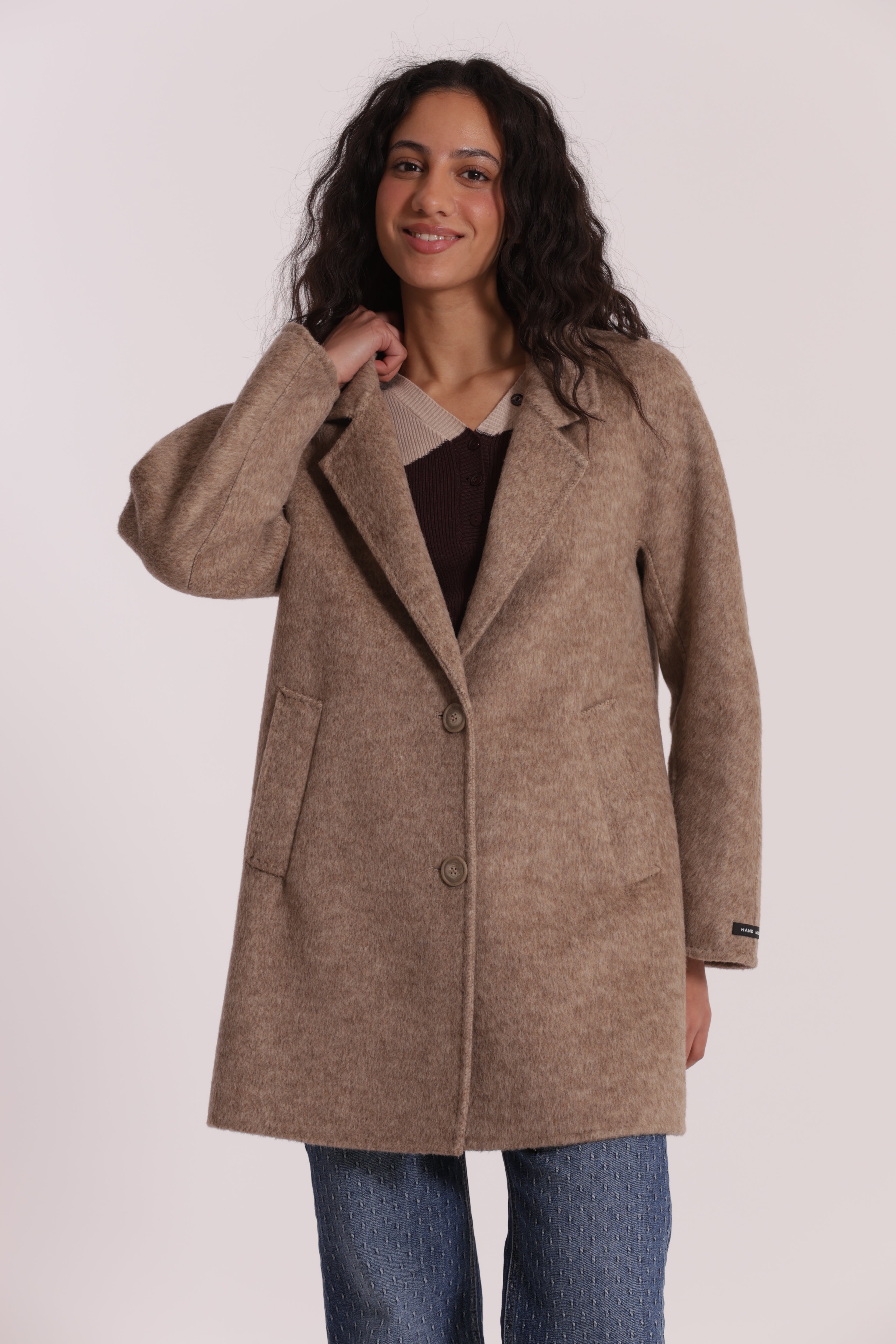 Mimi Mua Cappotto Corto Beige in misto lana