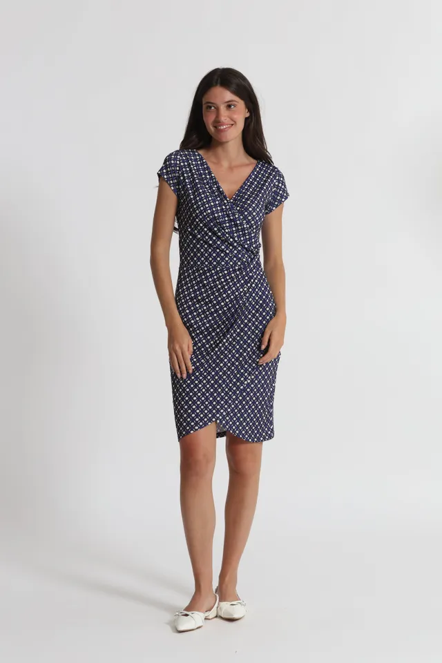 Mimi Mua Abito Corto Fantasia Geometrica Blu Panna S