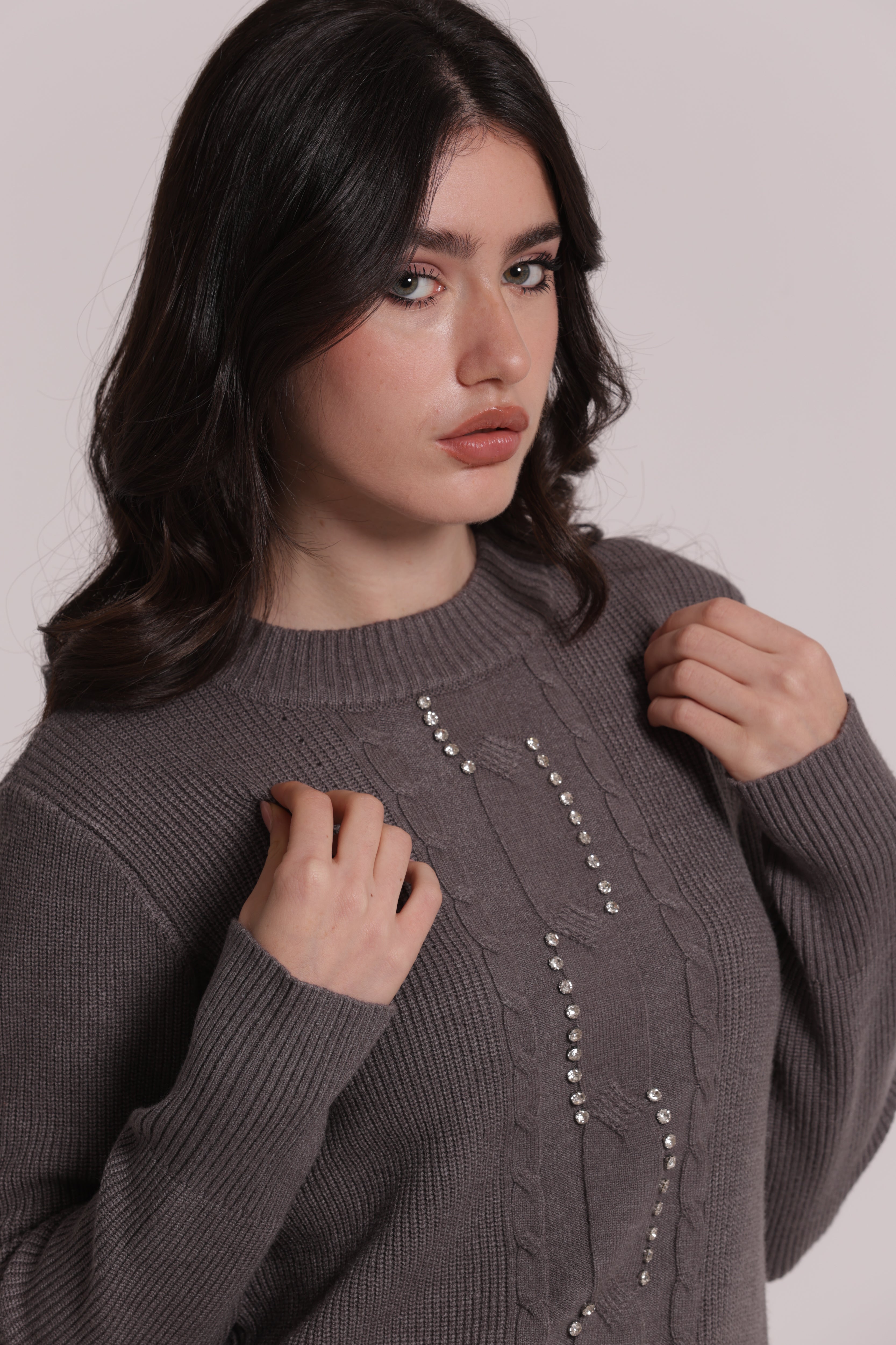 Mimi Mua Maglia Scollo Tondo Treccia maglia nera