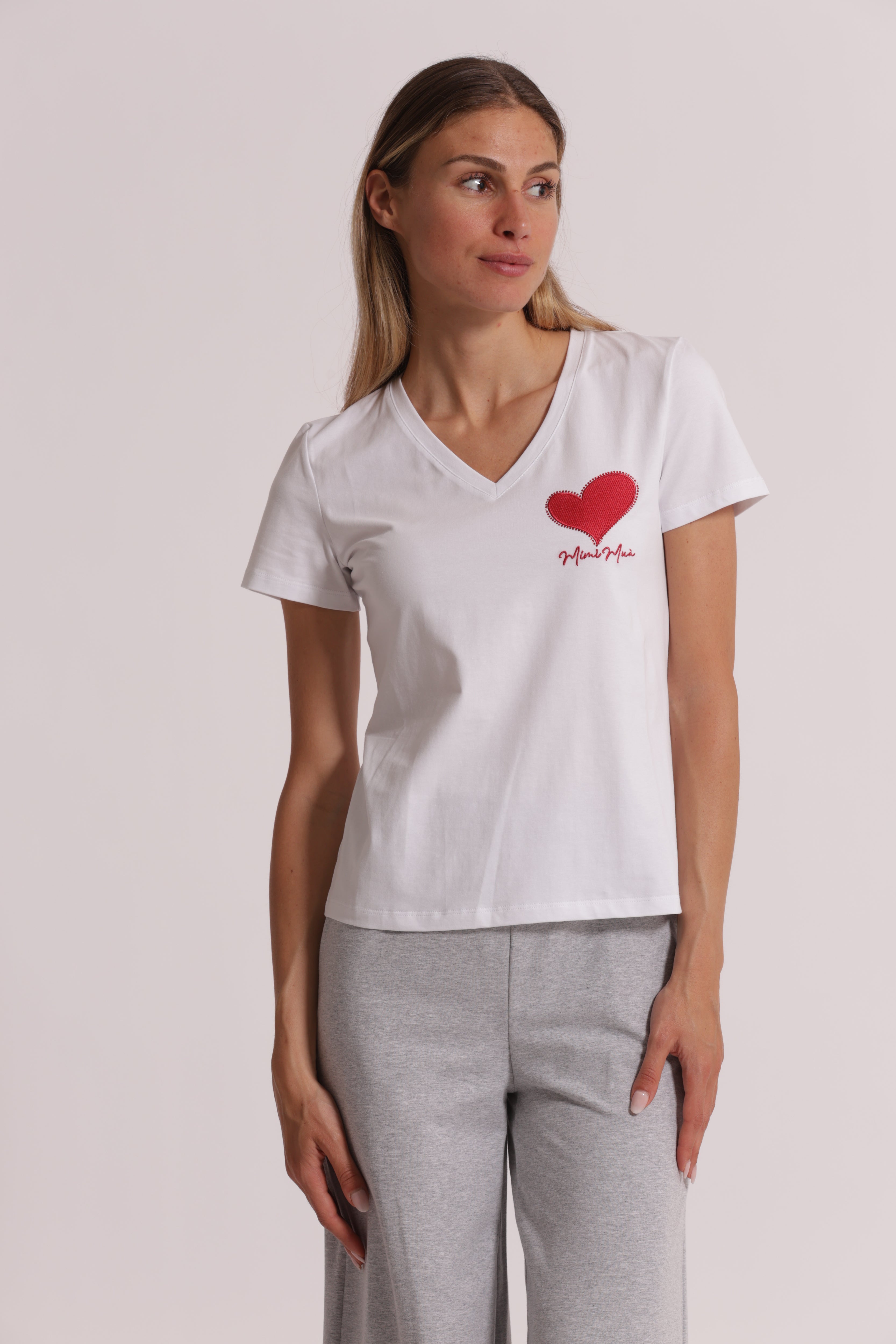 Mimi Mua t-shirt ricamo cuore bianca in cotone