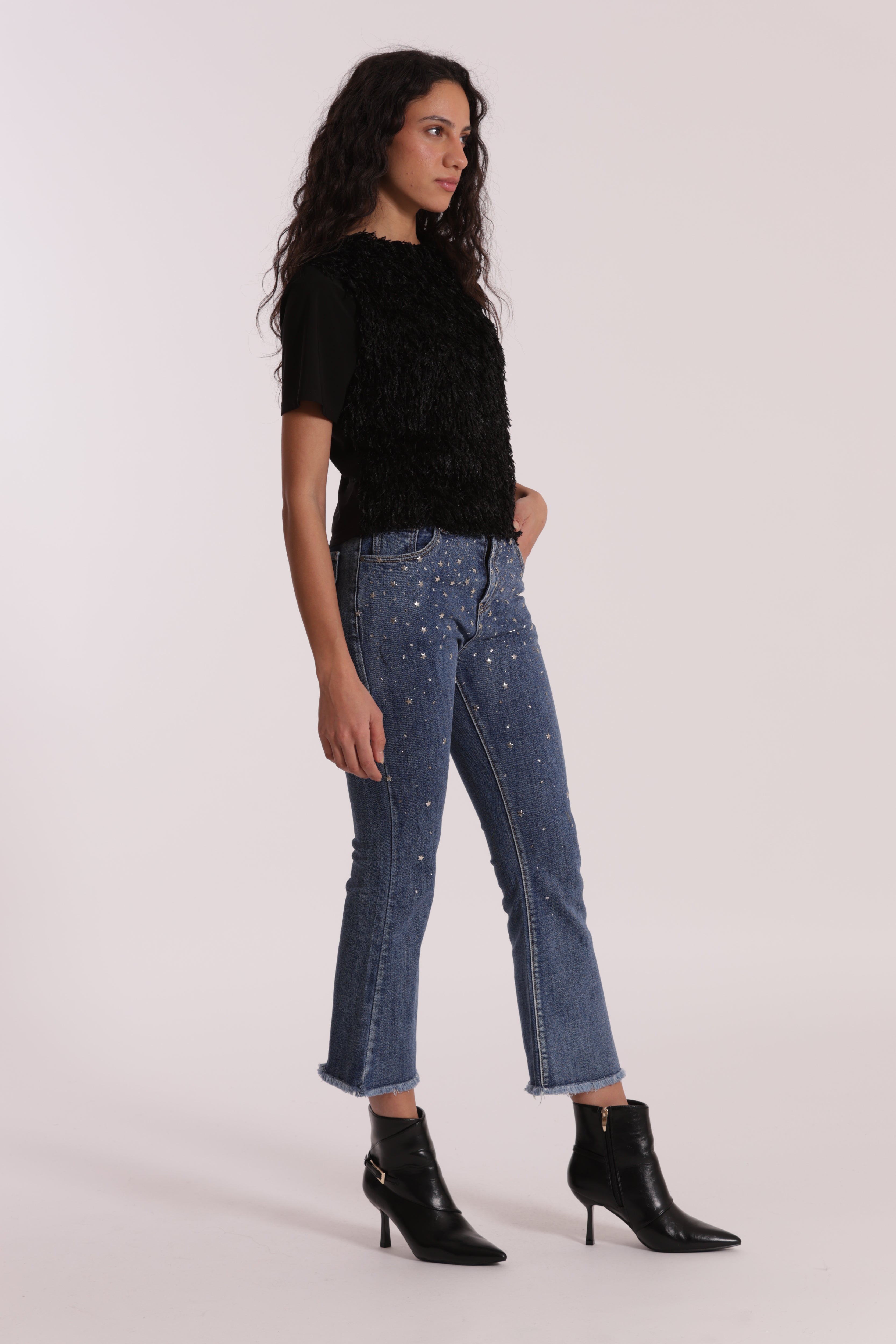 Mimi Mua jeans cropped flare strass e borchie blu medio