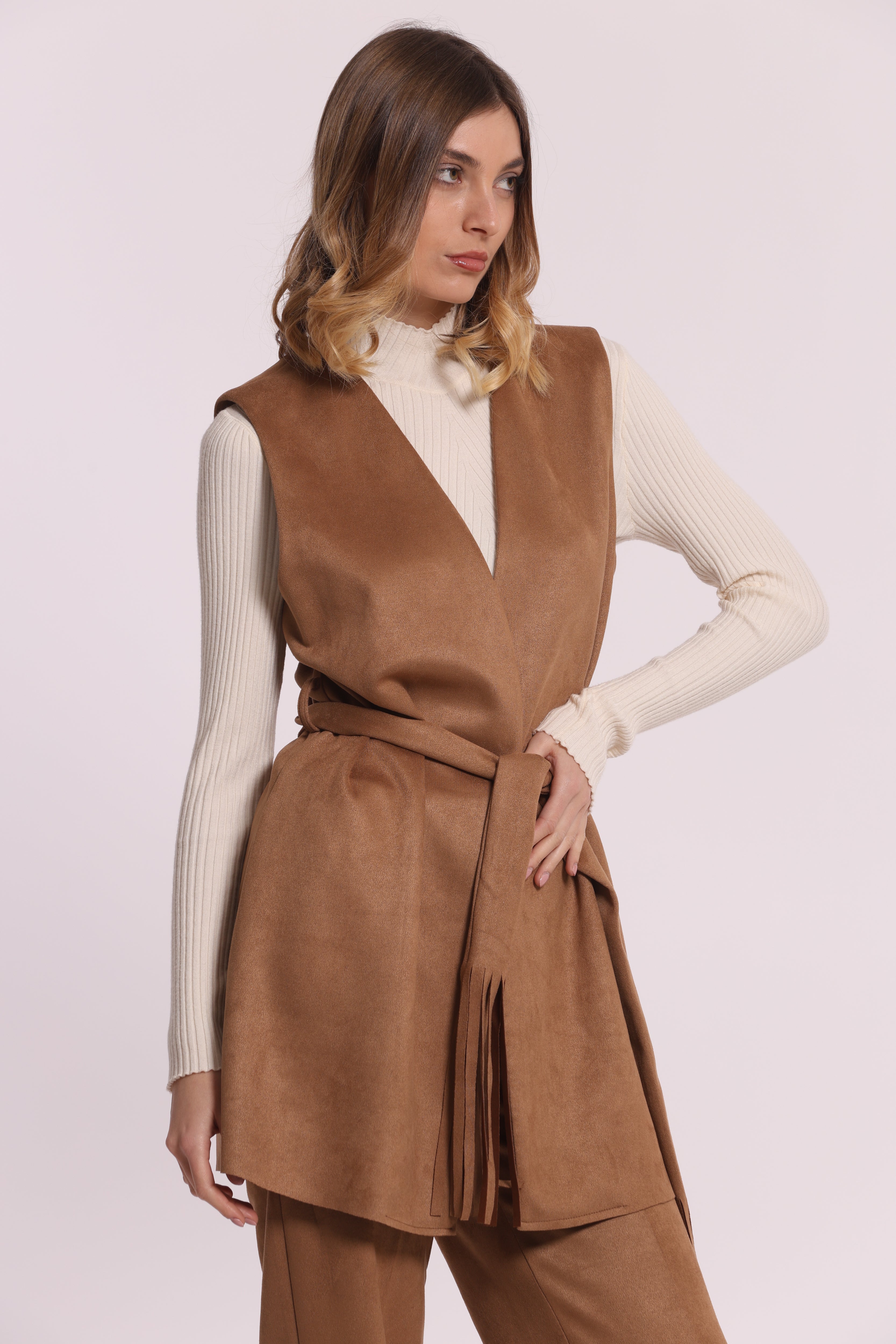 Mimi Mua Gilet Lungo Jersey Effetto Camoscio Beige