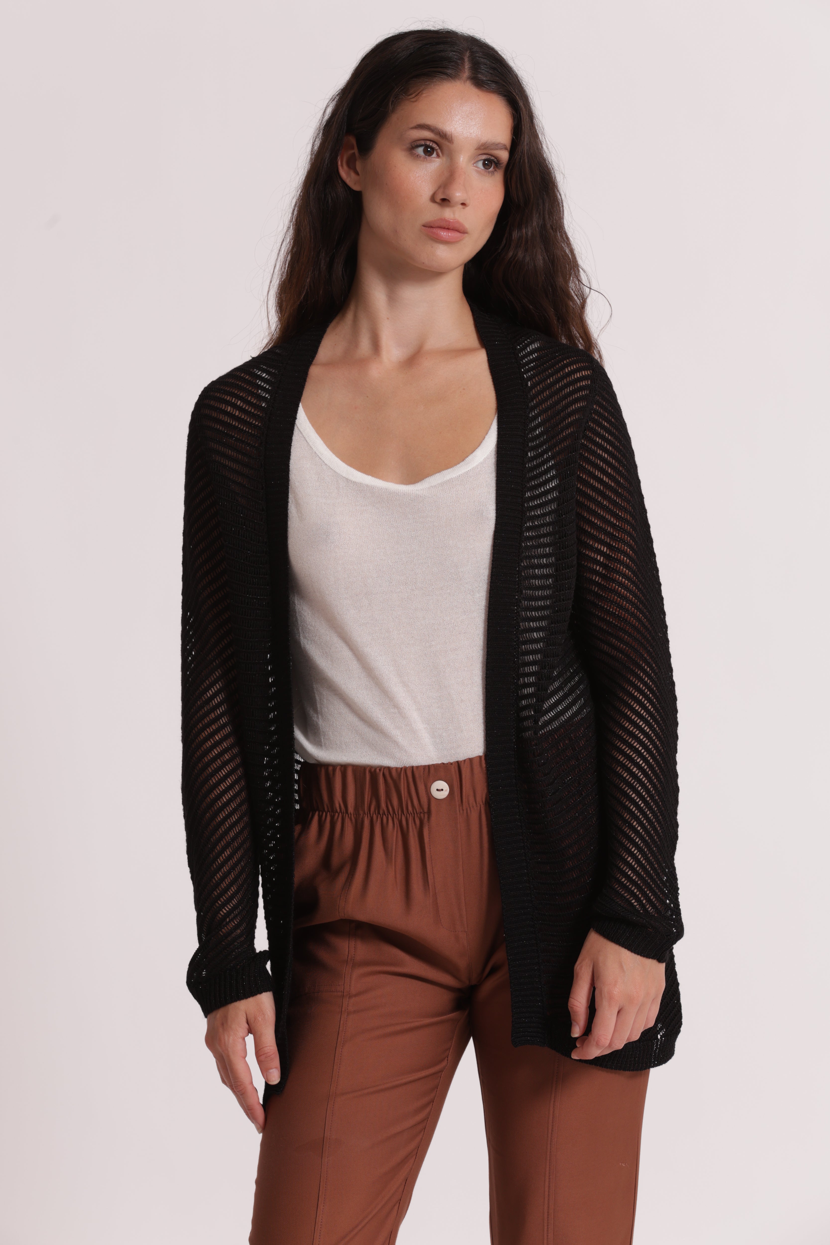 Mimi Mua Cardigan Lungo Traforato maglia nero leggero