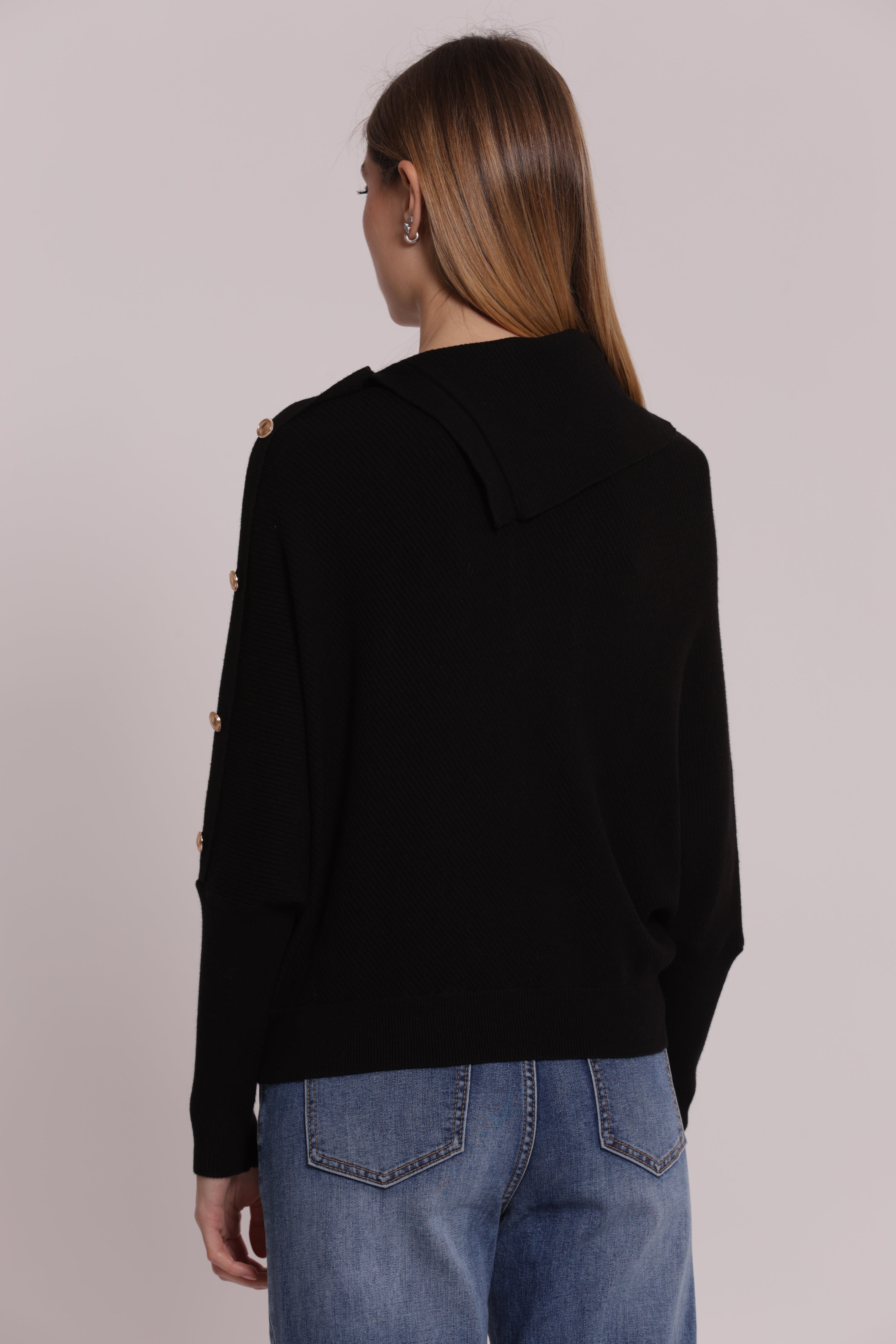 Mimi Mua Maglia Collo Alto Maglione Nero Bottoni