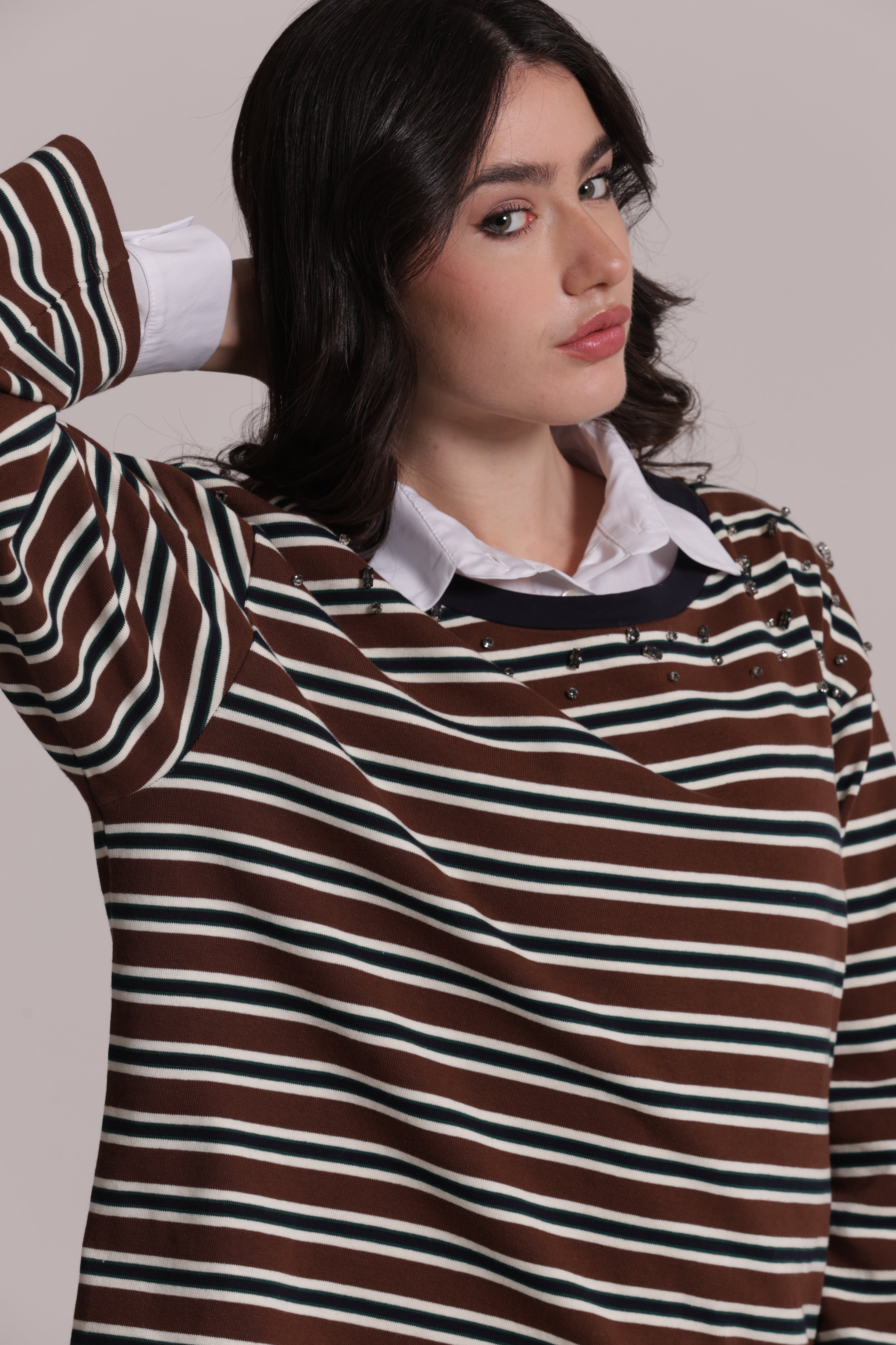Mimi Mua Righe con Applicazioni t-shirt marrone cotone