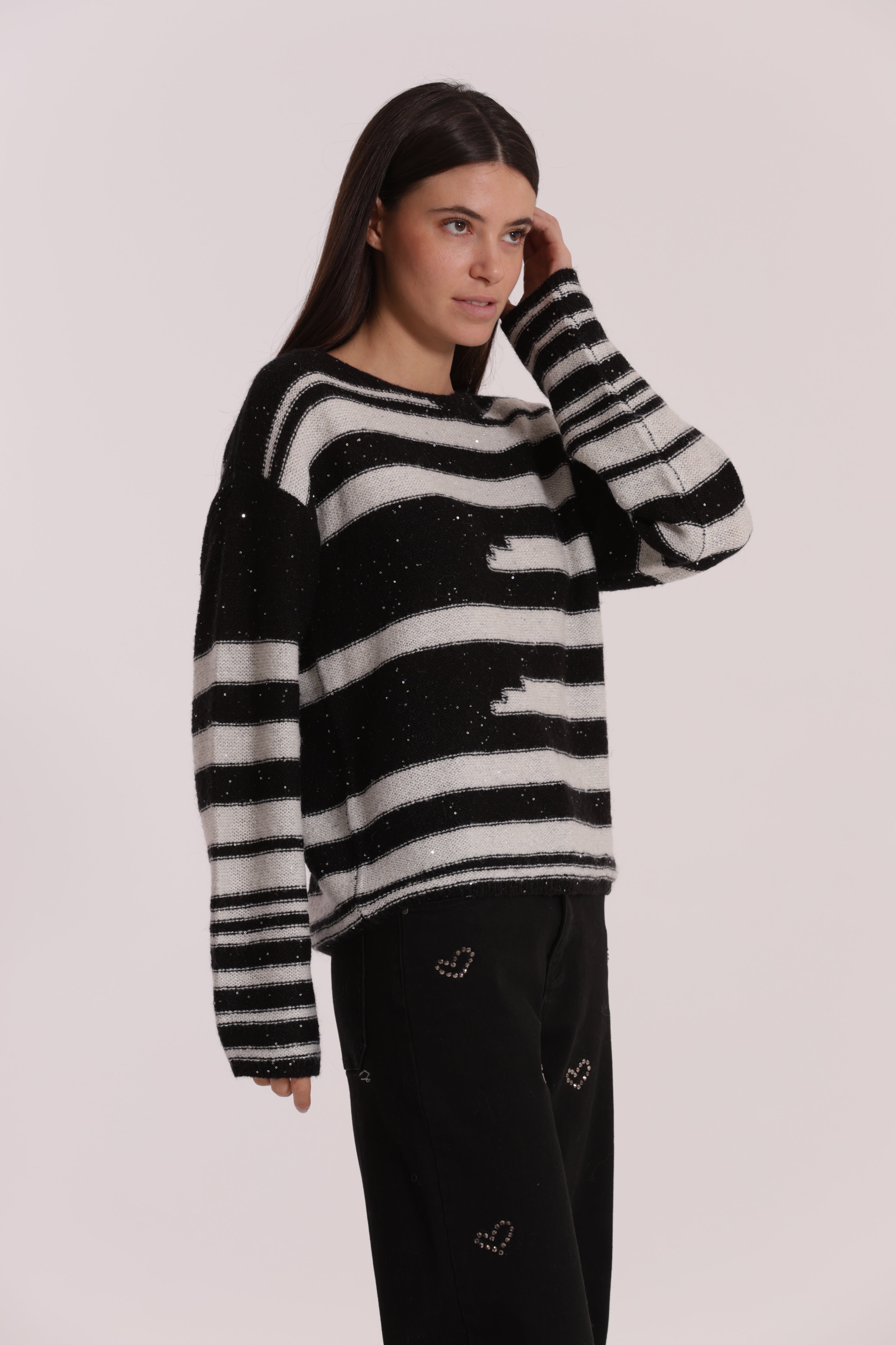 Mimi Mua Maglia a Righe e Paillettes Nero Bianco
