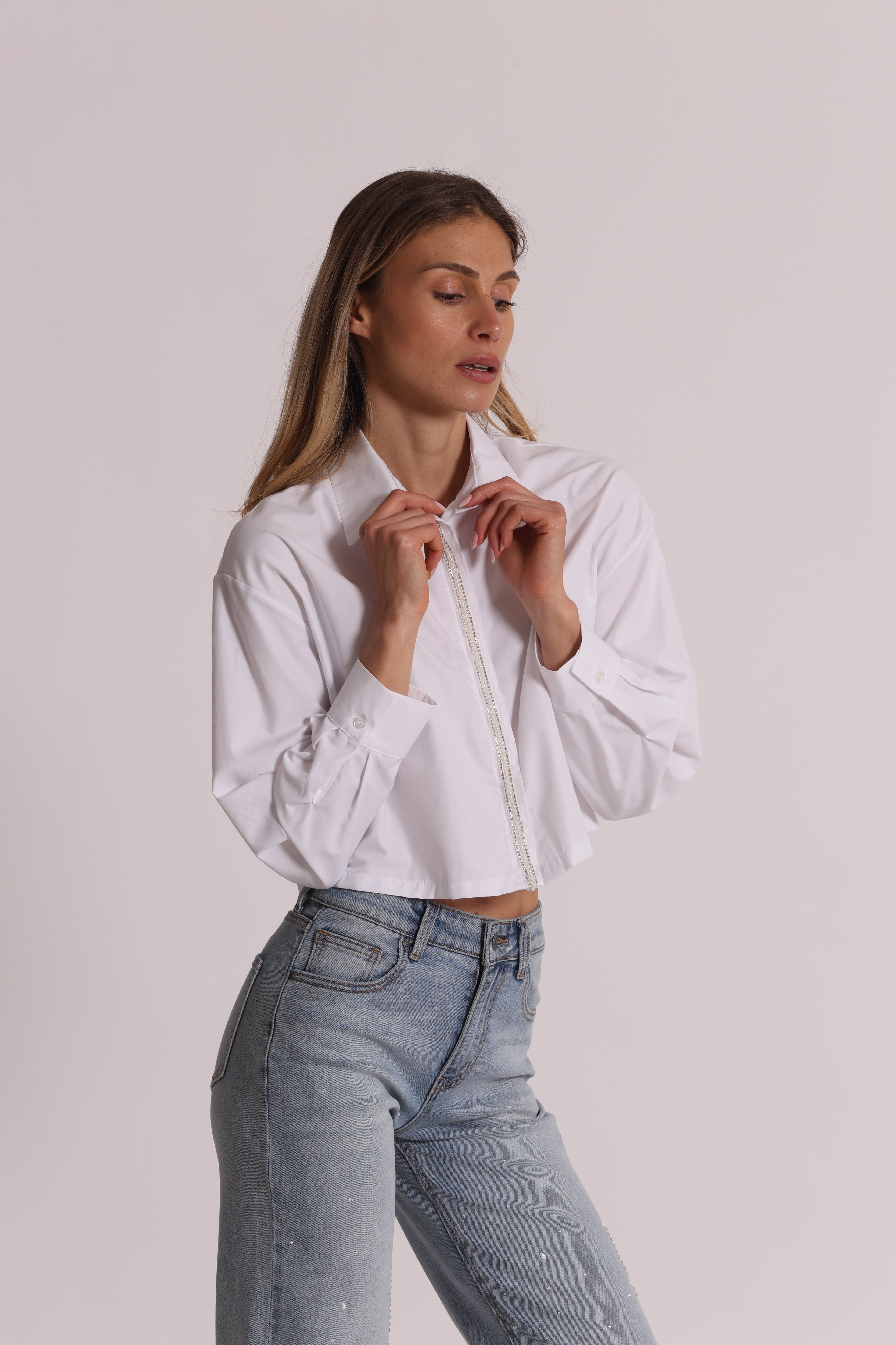 Mimi Mua Camicia Cropped Bianco Cotone Misto