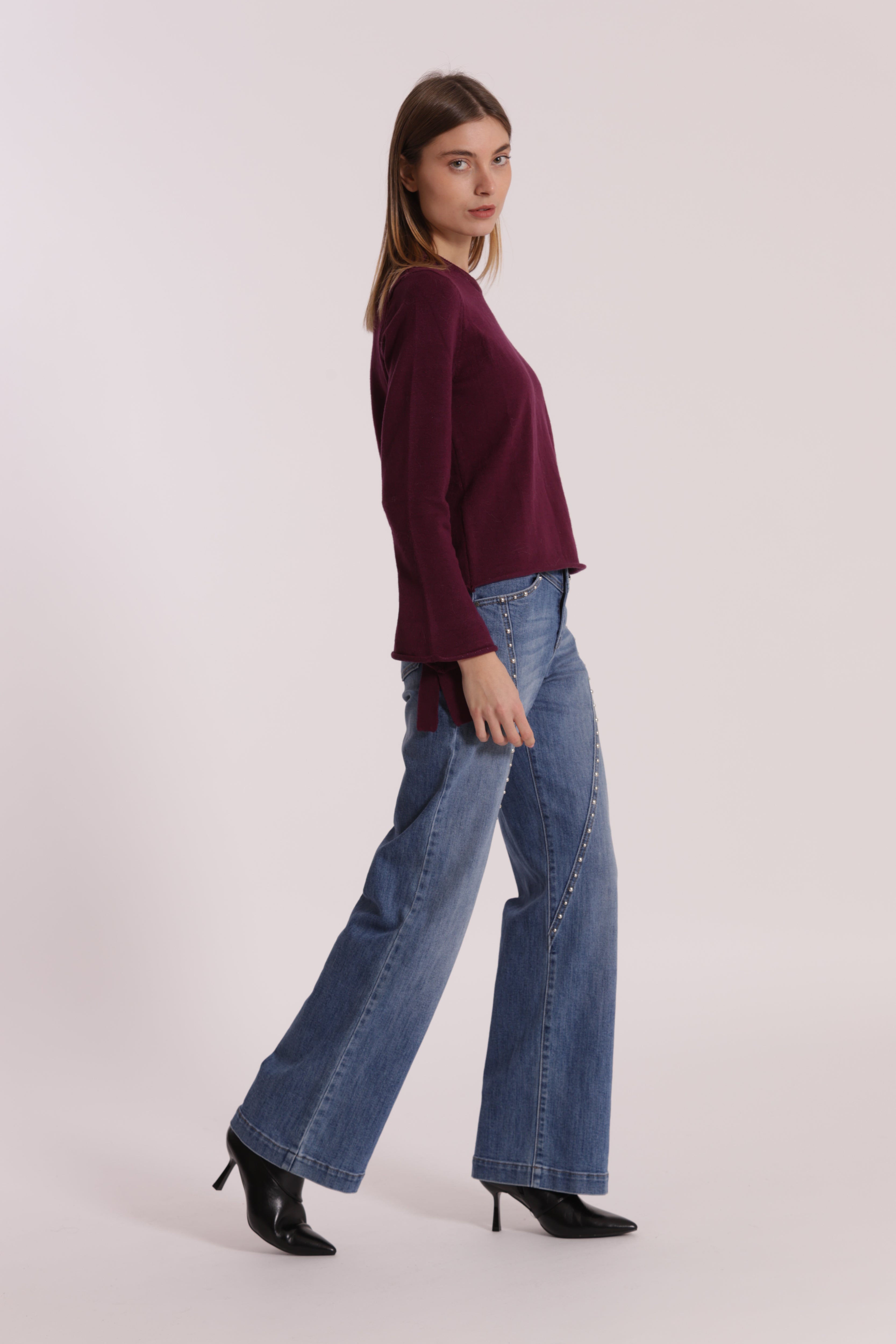 Mimi Mua jeans wide leg borchie blu medio