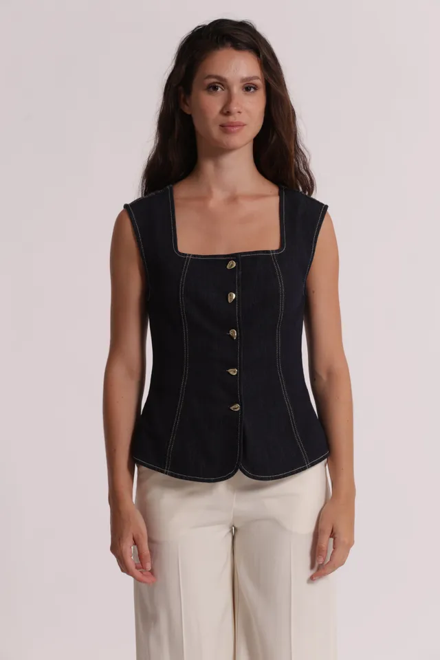 Mimi Mua Gilet in Denim con Bottoni Oro blu scuro