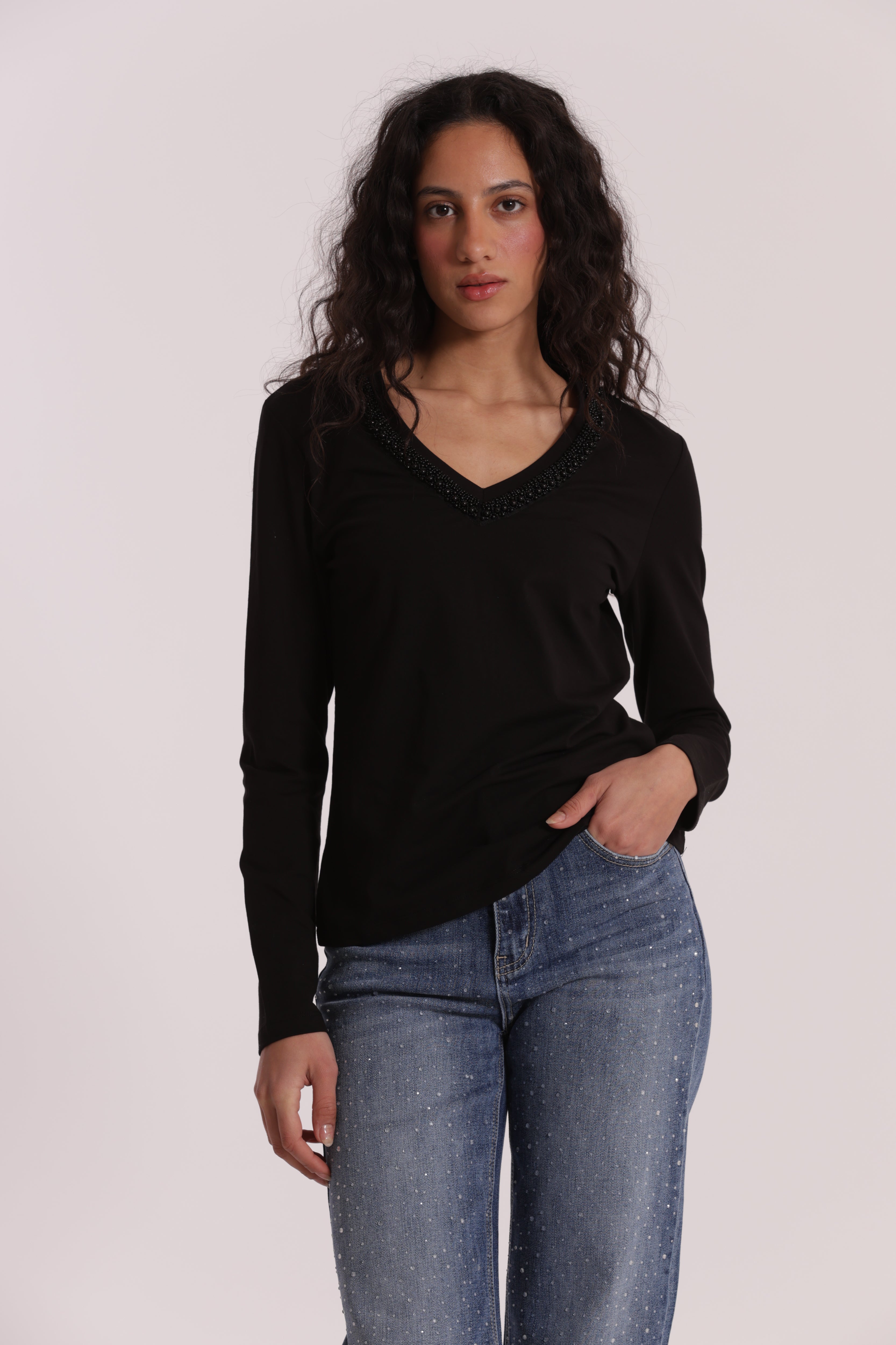 Mimi Mua t-shirt scollo a V perle bianco cotone