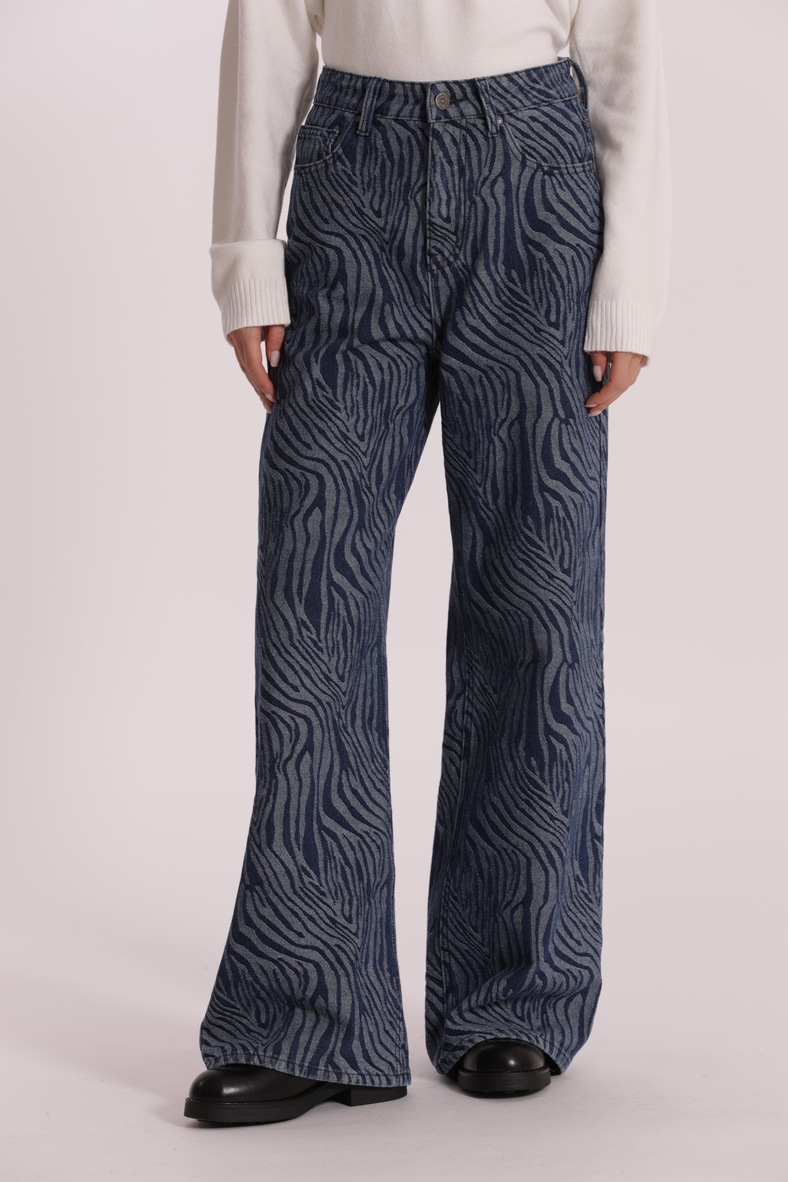 Mimi Mua Jeans Palazzo Jacquard Animalier Blu Scuro