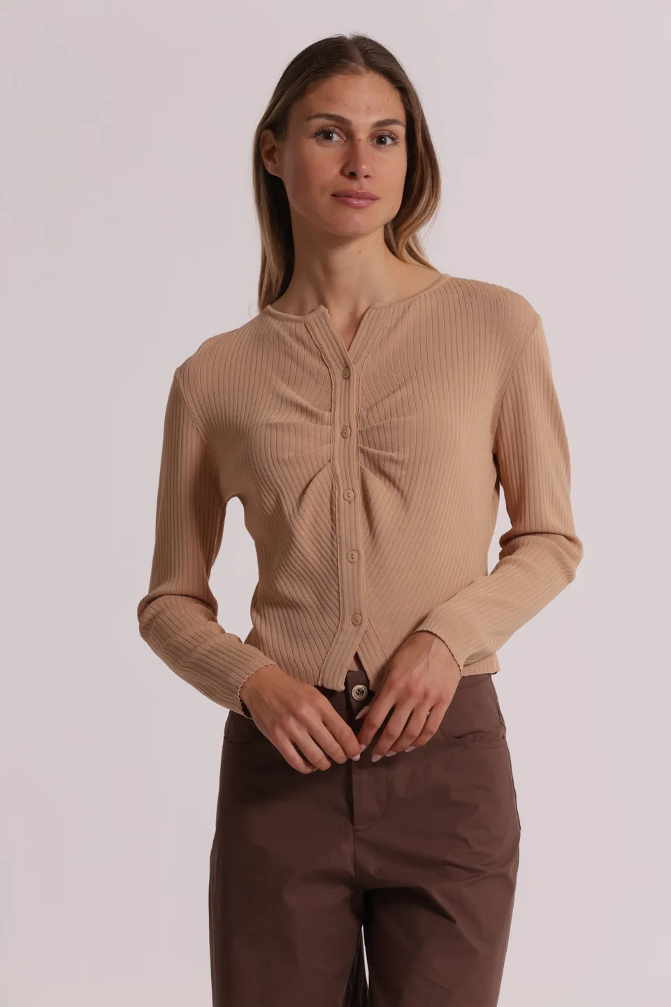 Mimi Mua Cardigan Maglia Increspato Panna Morbido