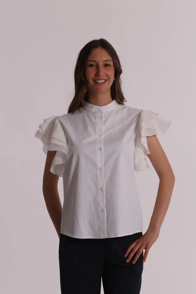 Mimi Mua Camicia Maniche Corte Volant bianco cotone