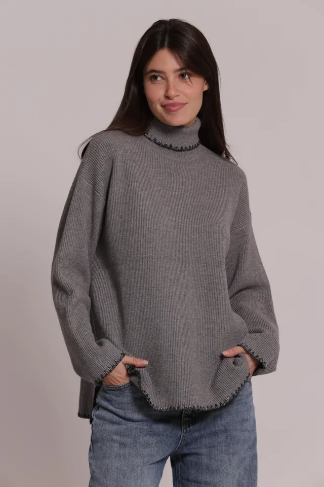Mimi Mua Maglia Collo Alto Lurex Panna Elasticizzata