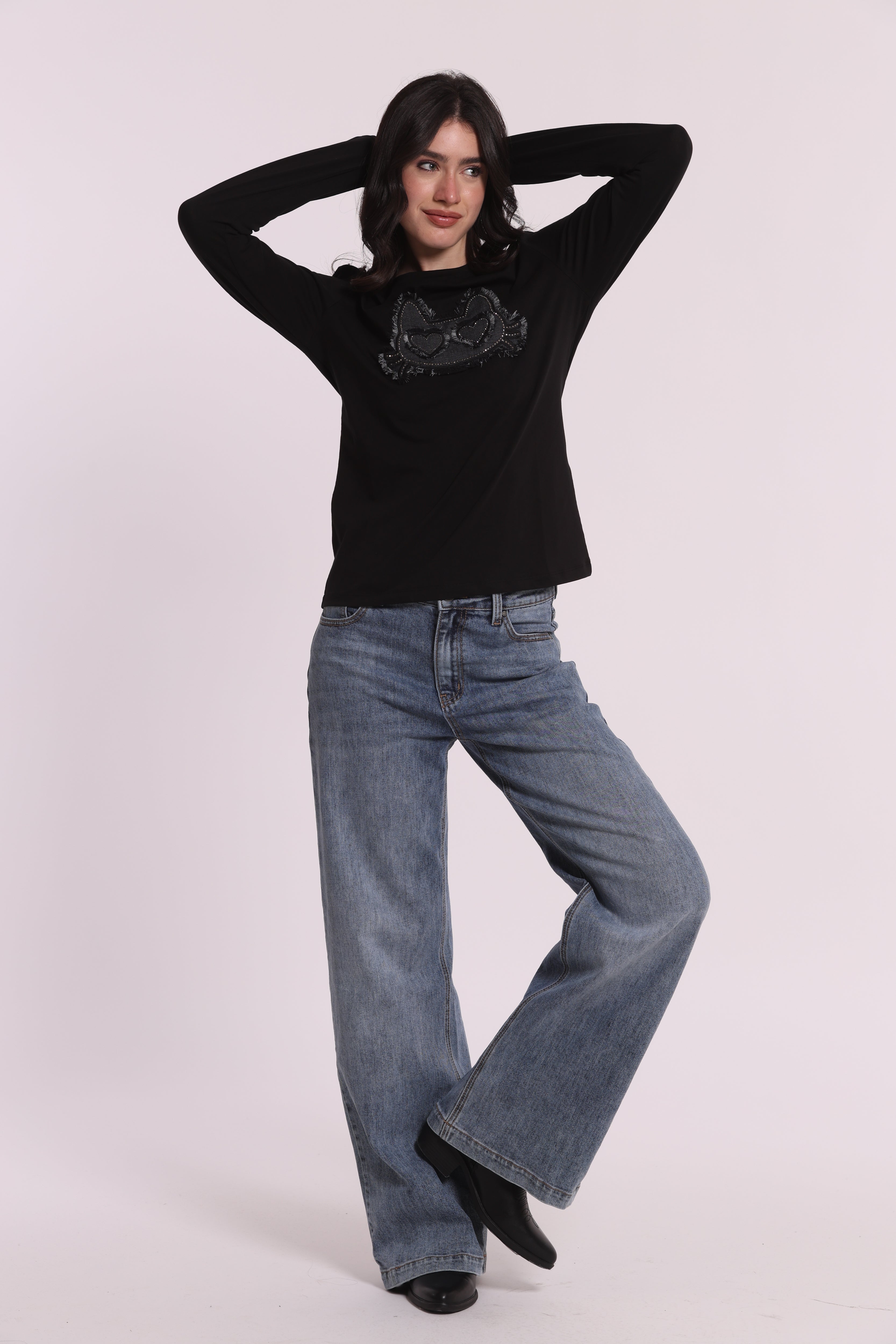 Mimi Mua T-Shirt Maniche Lunghe Gatto Denim Nera Cotone