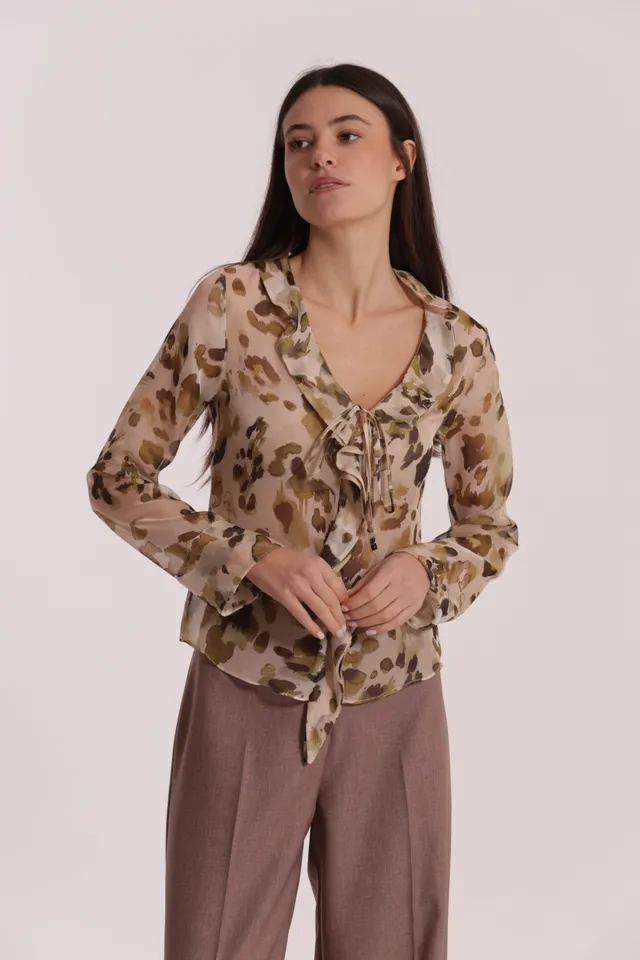 Mimi Mua Rouches Leo blusa panna militare stampata