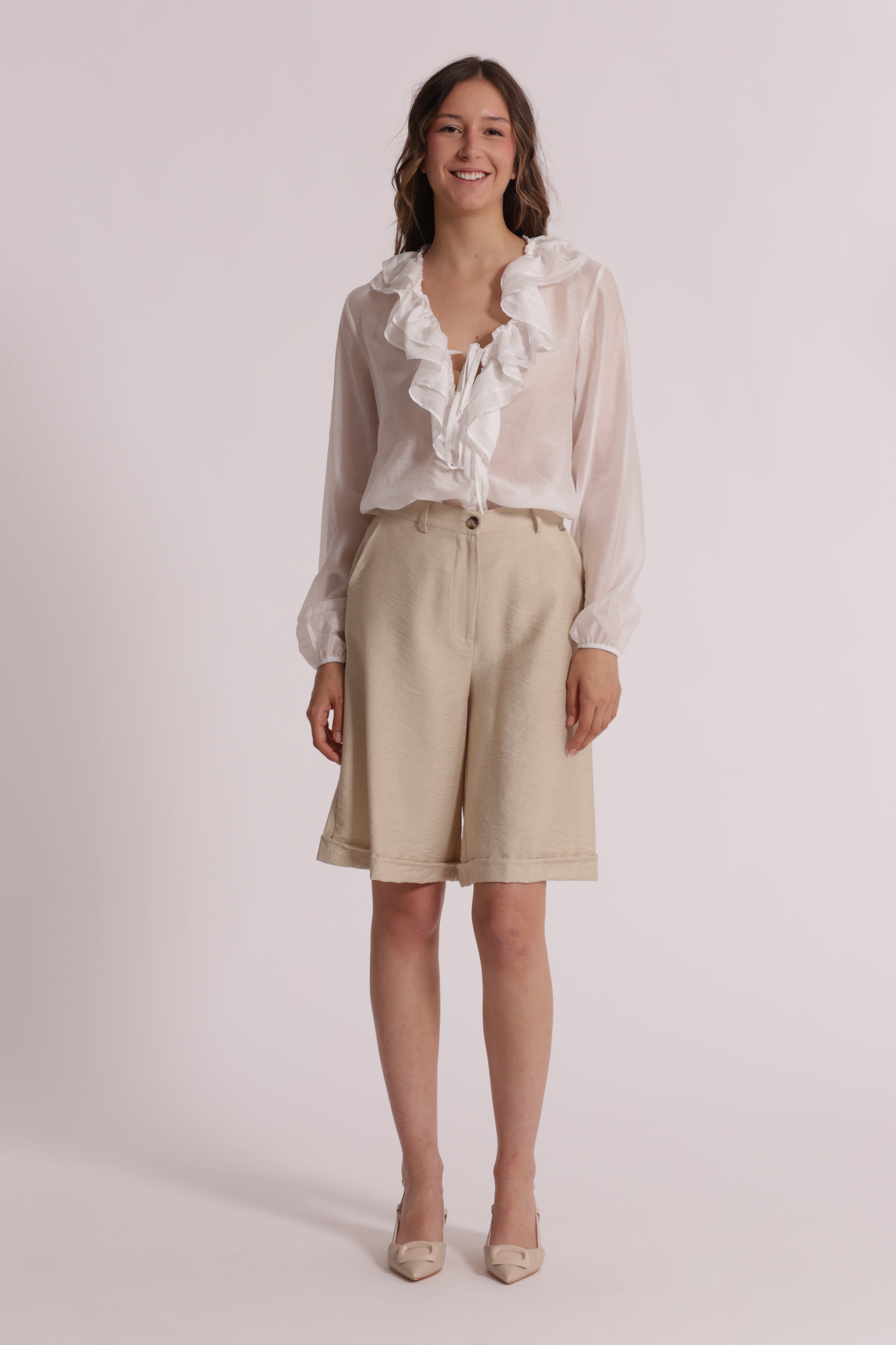 Mimi Mua Rouches Blusa Bianca Maniche Lunghe XS