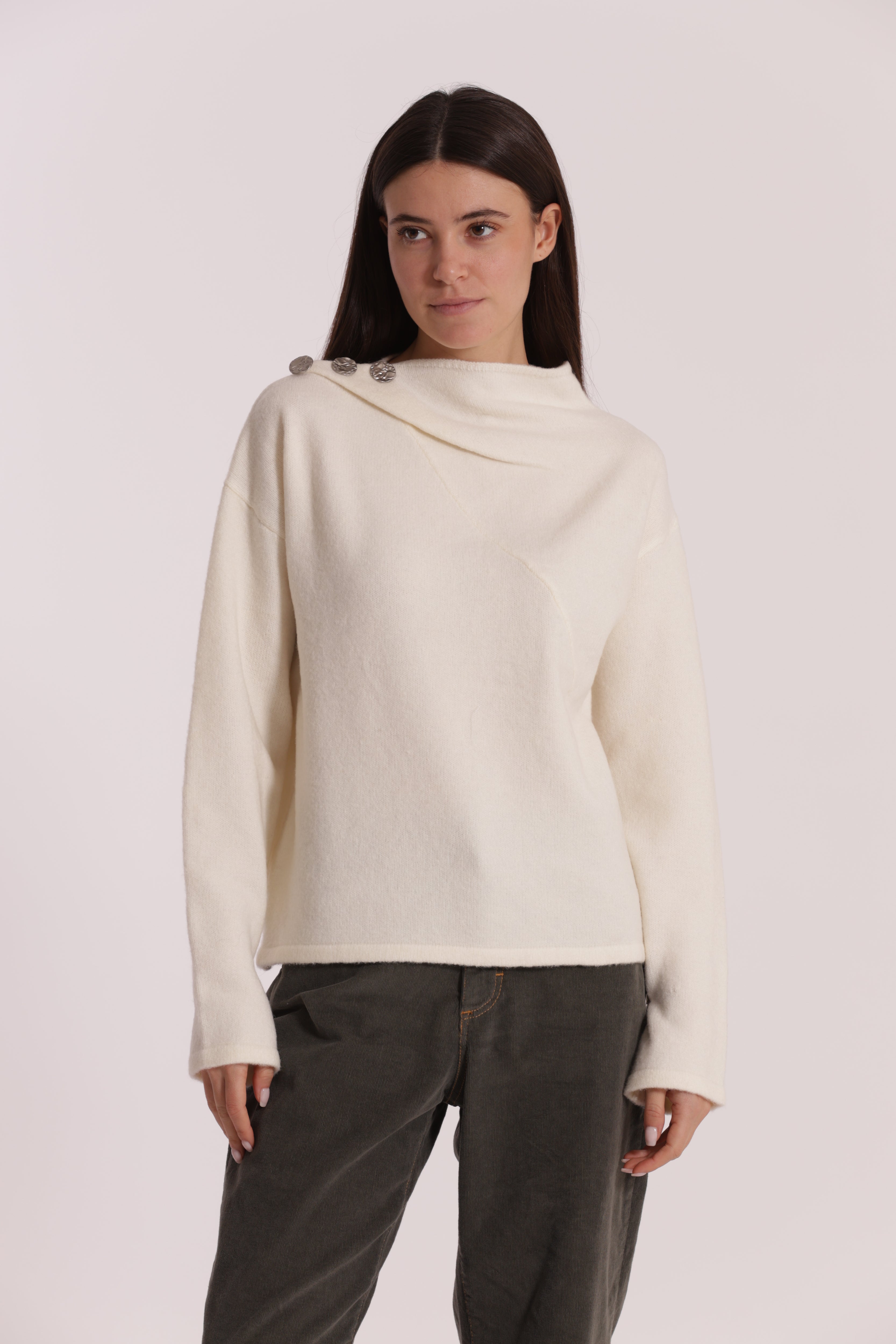Mimi Mua Maglia Bottoni Spalla Panna Misto Lana