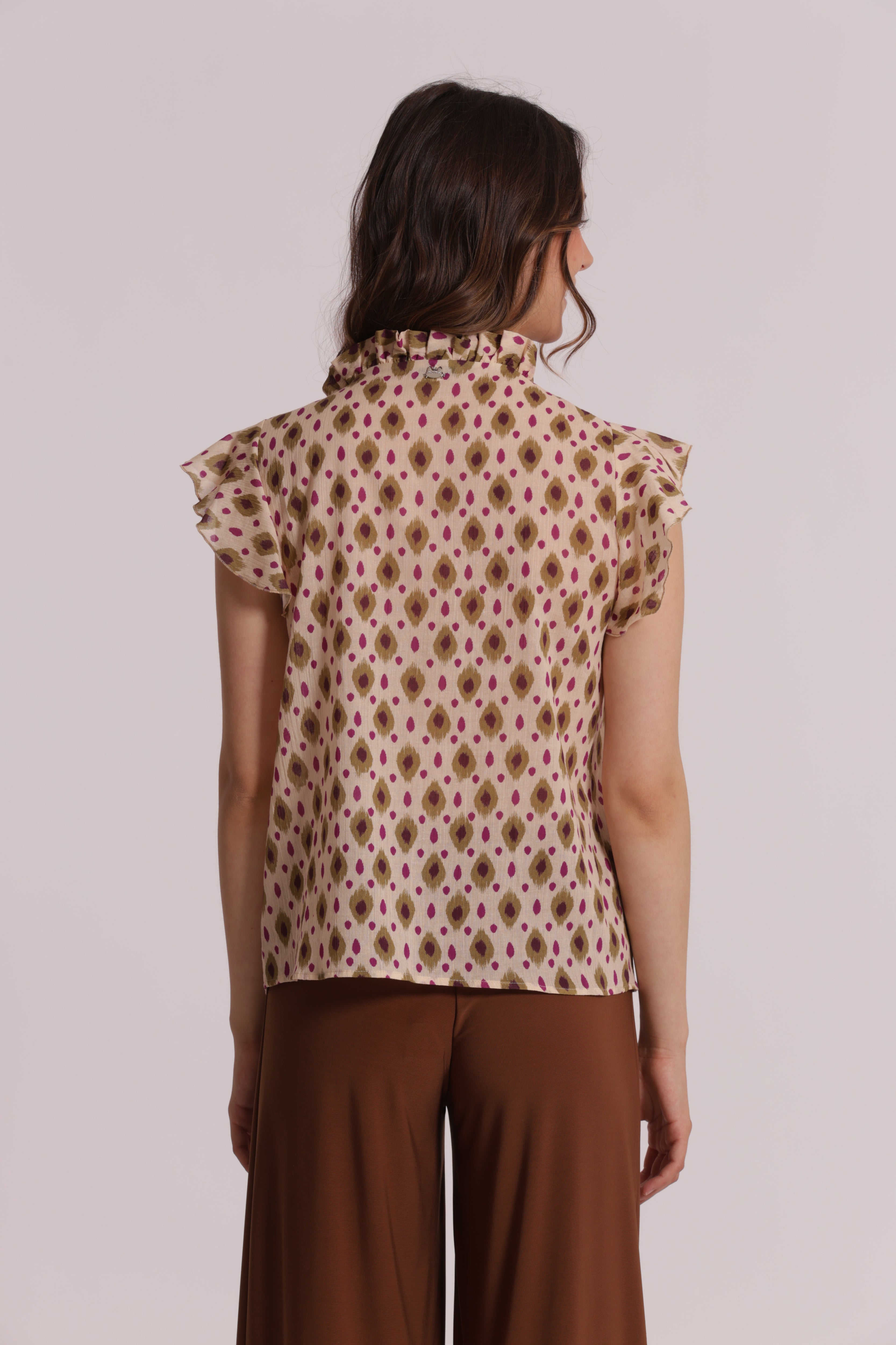 Mimi Mua Blusa a Maniche Corte Fantasia Rombi beige